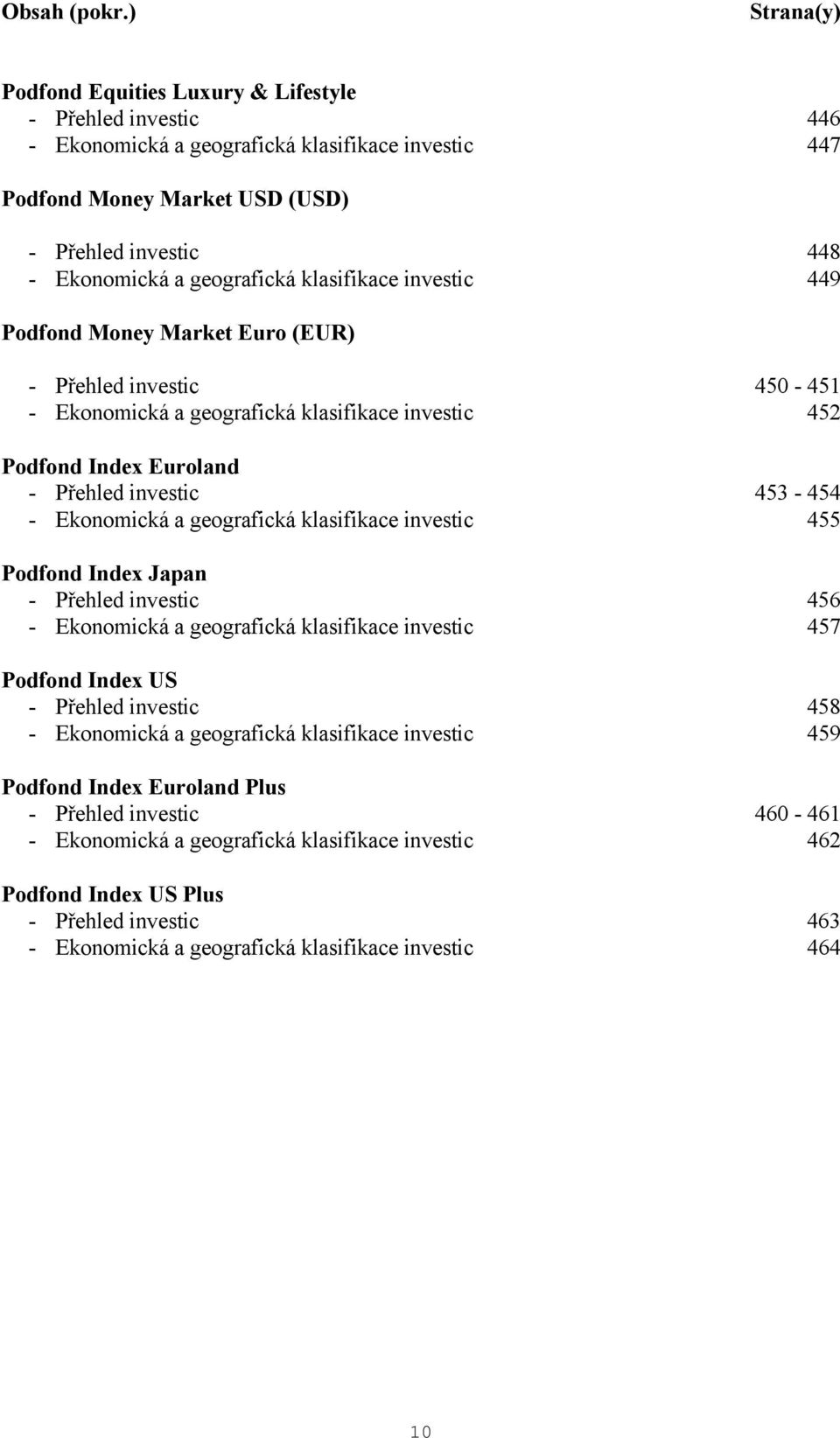 klasifikace investic 449 Podfond Money Market Euro () - Přehled investic 450-451 - Ekonomická a geografická klasifikace investic 452 Podfond Index Euroland - Přehled investic 453-454 - Ekonomická a