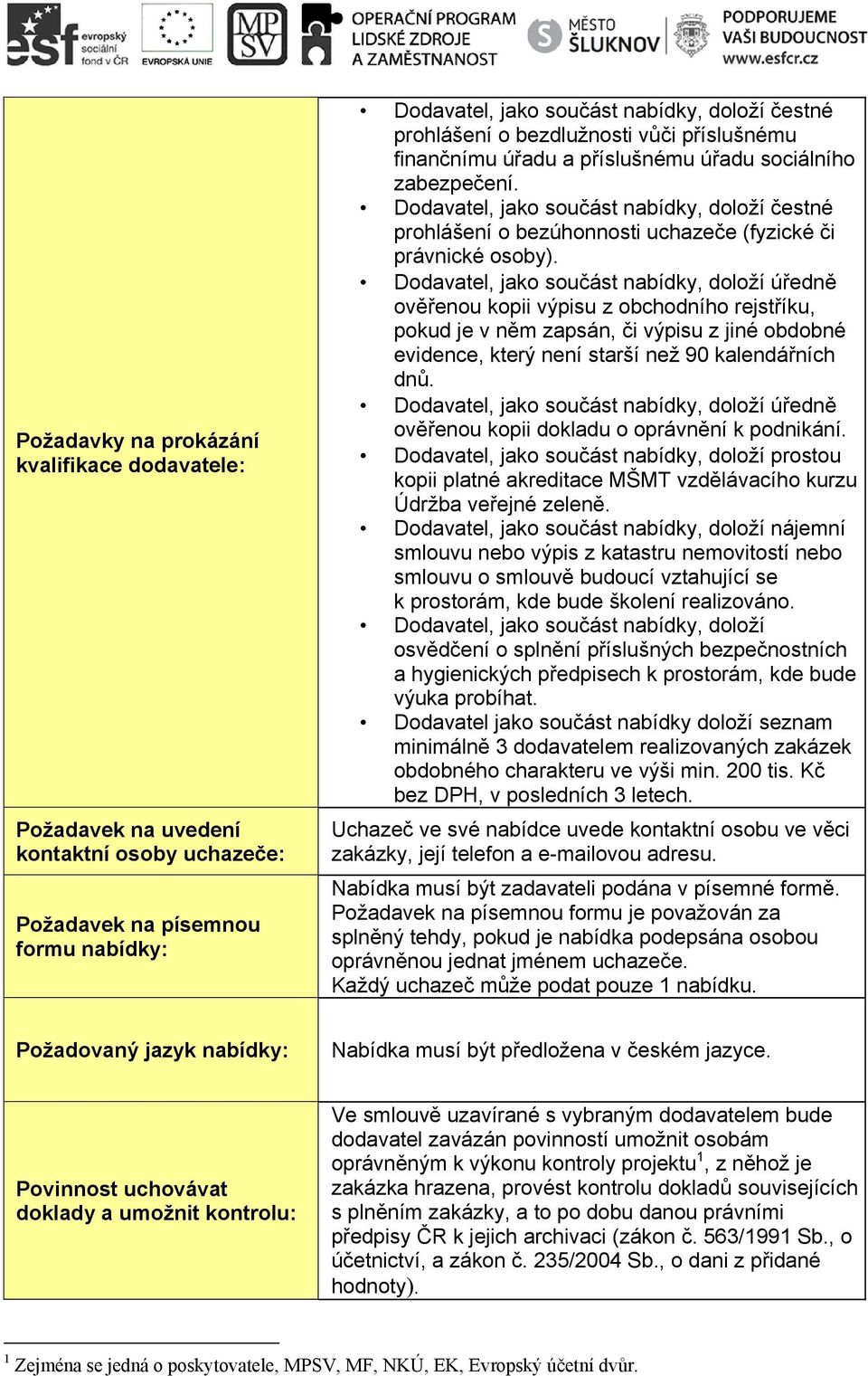 Dodavatel, jako součást nabídky, doloží čestné prohlášení o bezúhonnosti uchazeče (fyzické či právnické osoby).