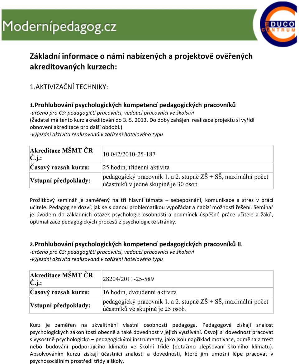 Do doby zahájení realizace projektu si vyřídí obnovení akreditace pro další období.) Č.j.: 10 042/2010-25-187 25 hodin, třídenní aktivita pedagogický pracovník 1. a 2.