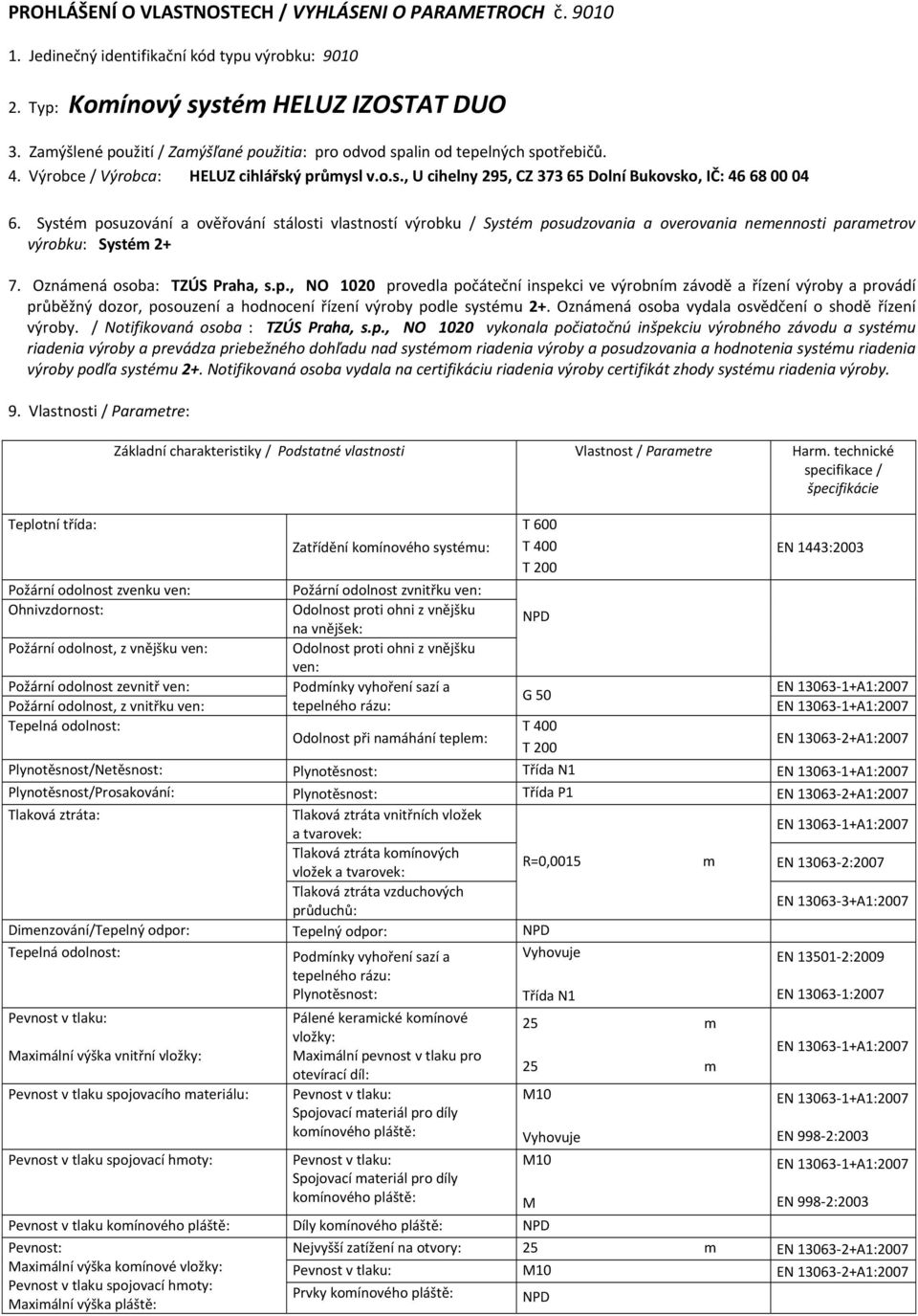 Systé posuzování a ověřování stálosti vlastností výrobku / Systé posudzovania a overovania neennosti paraetrov výrobku: Systé 2+ 7. Oznáená osoba: TZÚS Praha, s.p., NO 1020 provedla počáteční inspekci ve výrobní závodě a řízení výroby a provádí průběžný dozor, posouzení a hodnocení řízení výroby podle systéu 2+.