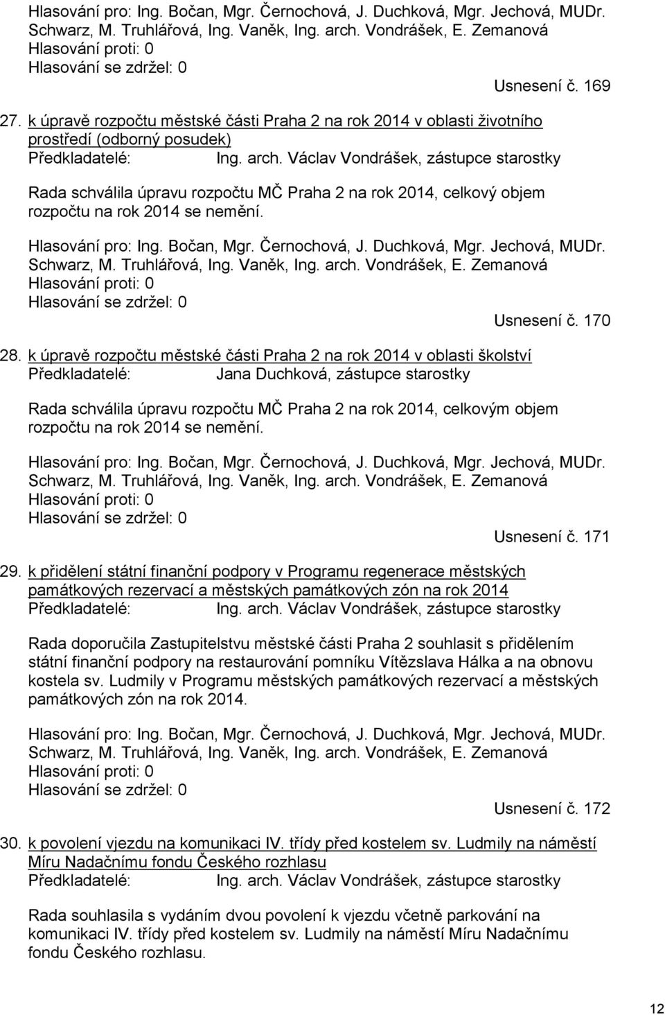 Václav Vondrášek, zástupce starostky Rada schválila úpravu rozpočtu MČ Praha 2 na rok 2014, celkový objem rozpočtu na rok 2014 se nemění.  170 28.