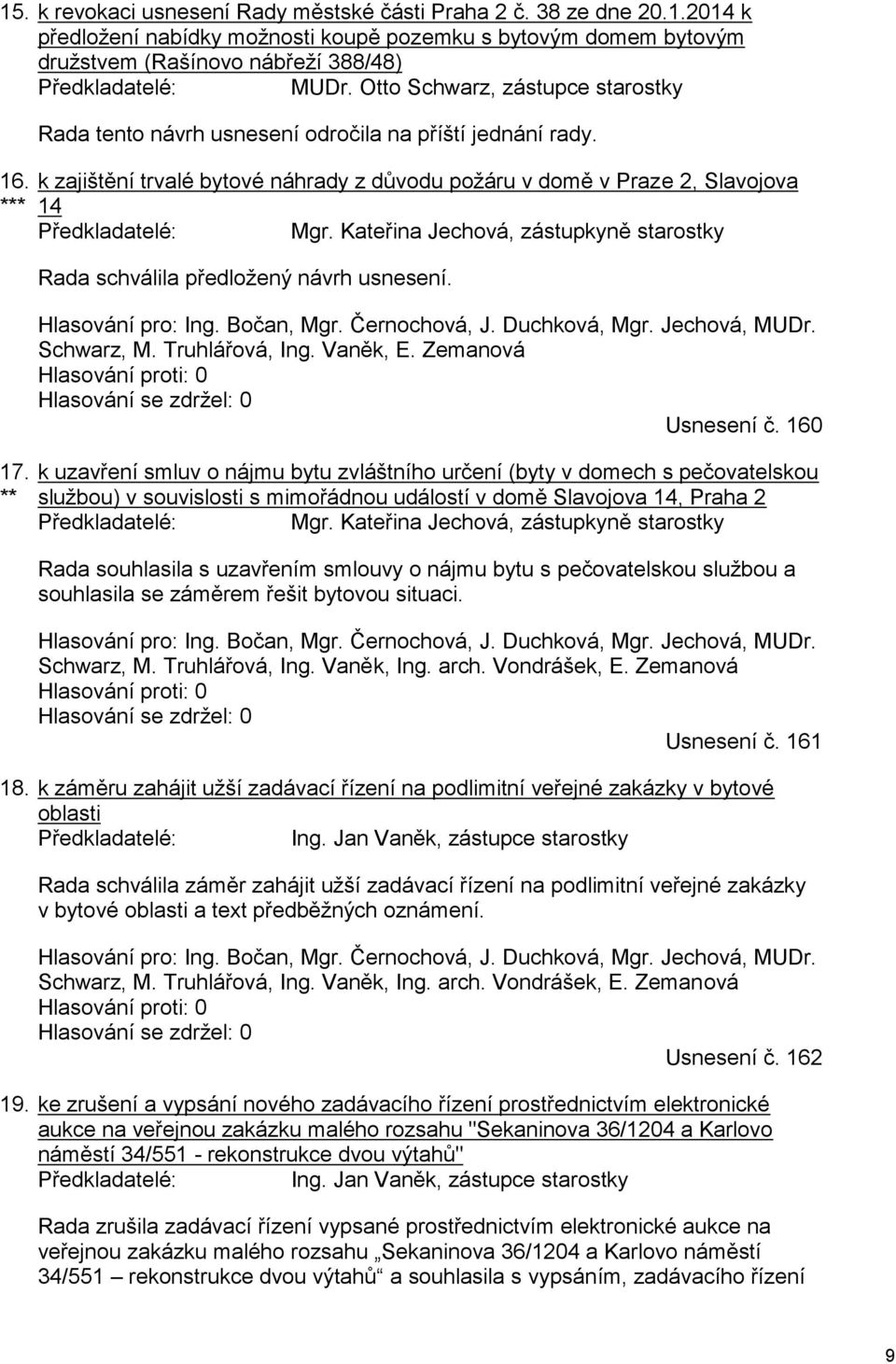 k zajištění trvalé bytové náhrady z důvodu požáru v domě v Praze 2, Slavojova 14 Předkladatelé: Mgr. Kateřina Jechová, zástupkyně starostky Rada schválila předložený návrh usnesení.