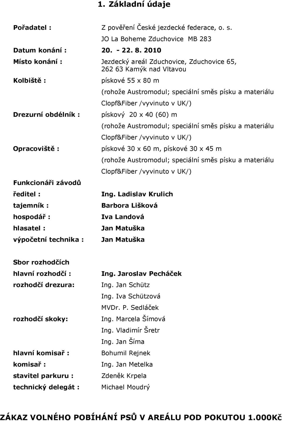 výpočetní technika : pískové 55 x 80 m (rohože Austromodul; speciální směs písku a materiálu Clopf&Fiber /vyvinuto v UK/) pískový 20 x 40 (60) m (rohože Austromodul; speciální směs písku a materiálu