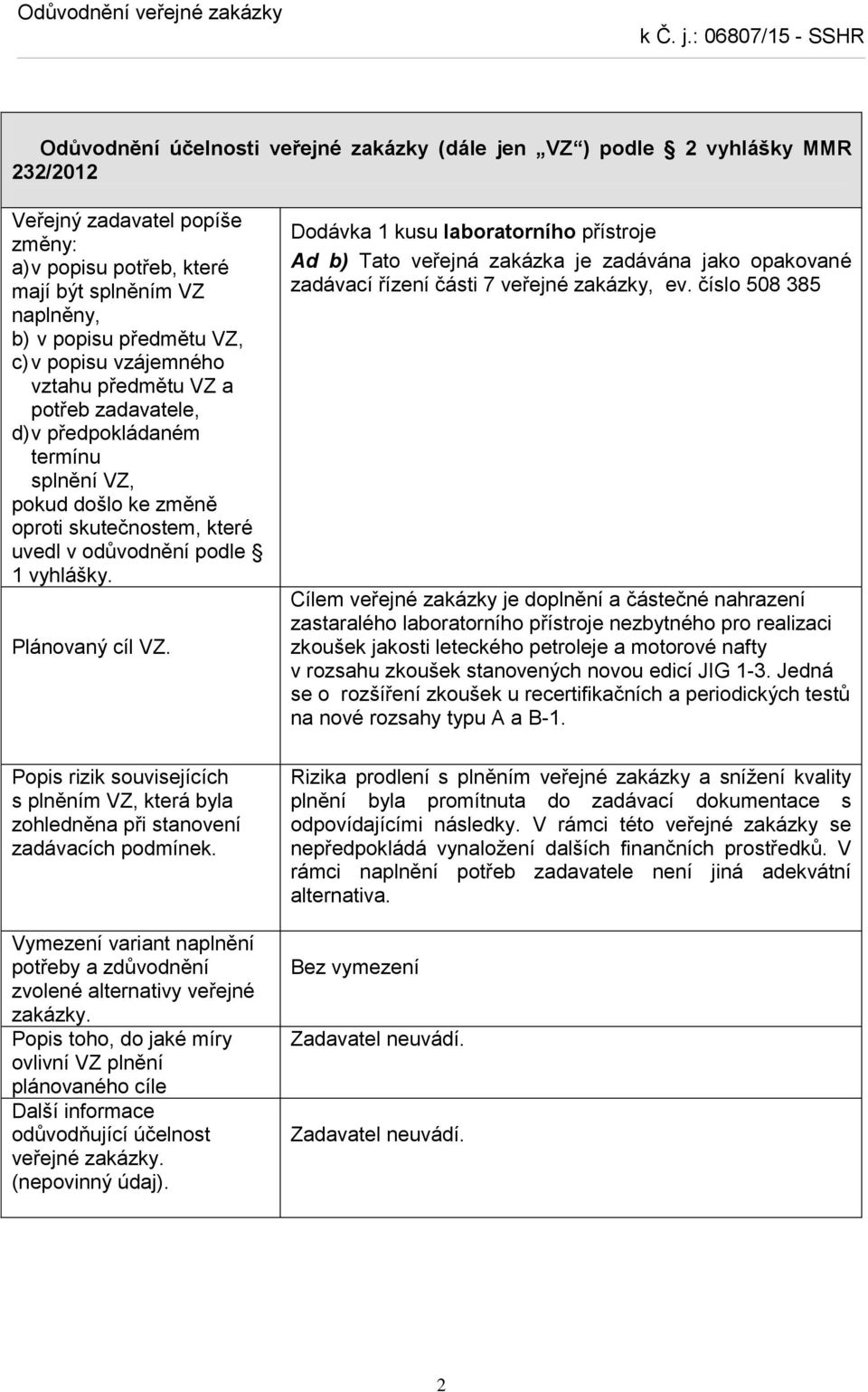 Plánovaný cíl VZ. Popis rizik souvisejících s plněním VZ, která byla zohledněna při stanovení zadávacích podmínek. Vymezení variant naplnění potřeby a zdůvodnění zvolené alternativy veřejné zakázky.