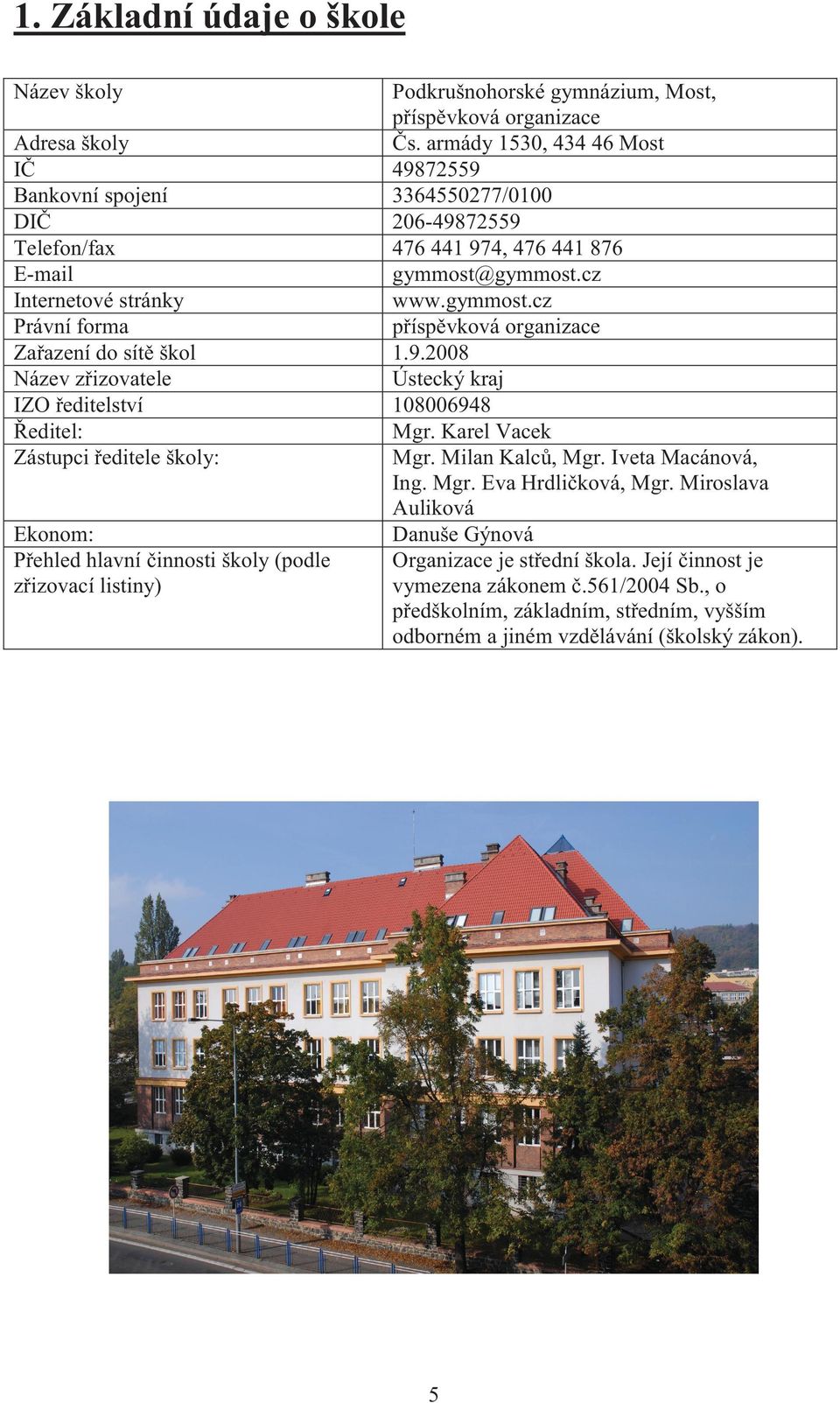 armády 1530, 434 46 Most 49872559 3364550277/0100 206-49872559 476 441 974, 476 441 876 gymmost@gymmost.cz www.gymmost.cz příspěvková organizace 1.9.2008 Ústecký kraj 108006948 Mgr. Karel Vacek Mgr.