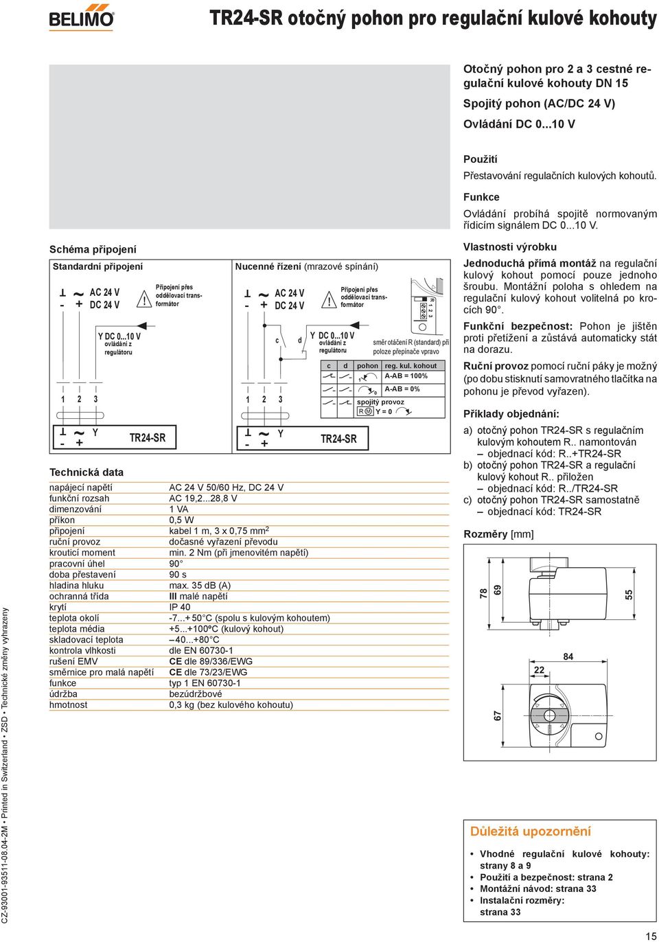 042 Printed in Switzerland ZSD echnické změny vyhrazeny Schéma připojení Standardní připojení 2 + DC 24 V! + 3 Y Y DC 0.