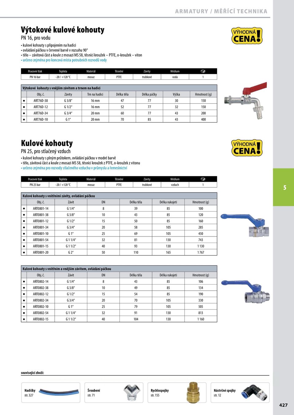 Kulové kohouty PN 2, pro stlačený vzduch Pracovní tlak Teplota Materiál Těsnění Závity Médium PN 2 bar -20 / +120 C mosaz PTFE trubkové vzduch 1 Kulové kohouty s vnitřními závity, ovládání páčkou Obj.