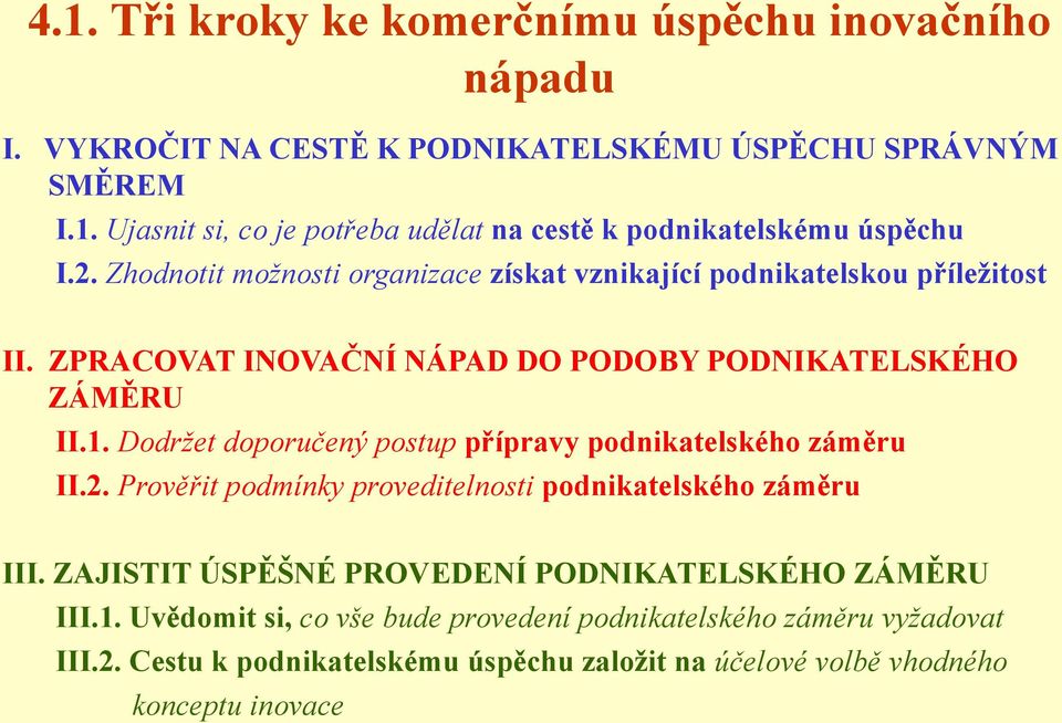 Dodržet doporučený postup přípravy podnikatelského záměru II.2. Prověřit podmínky proveditelnosti podnikatelského záměru III.