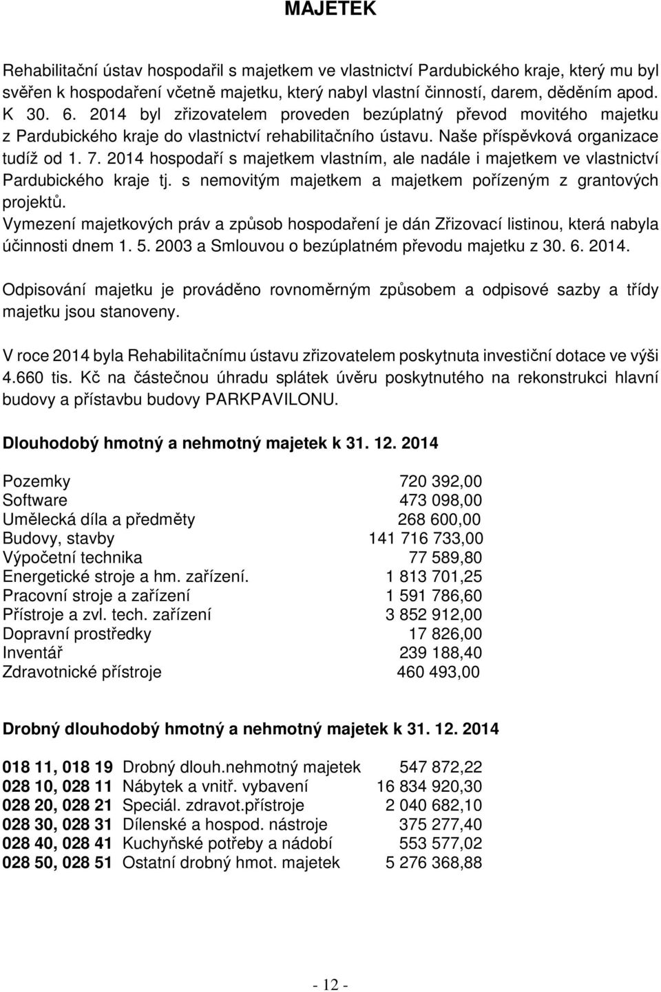 2014 hospodaří s majetkem vlastním, ale nadále i majetkem ve vlastnictví Pardubického kraje tj. s nemovitým majetkem a majetkem pořízeným z grantových projektů.