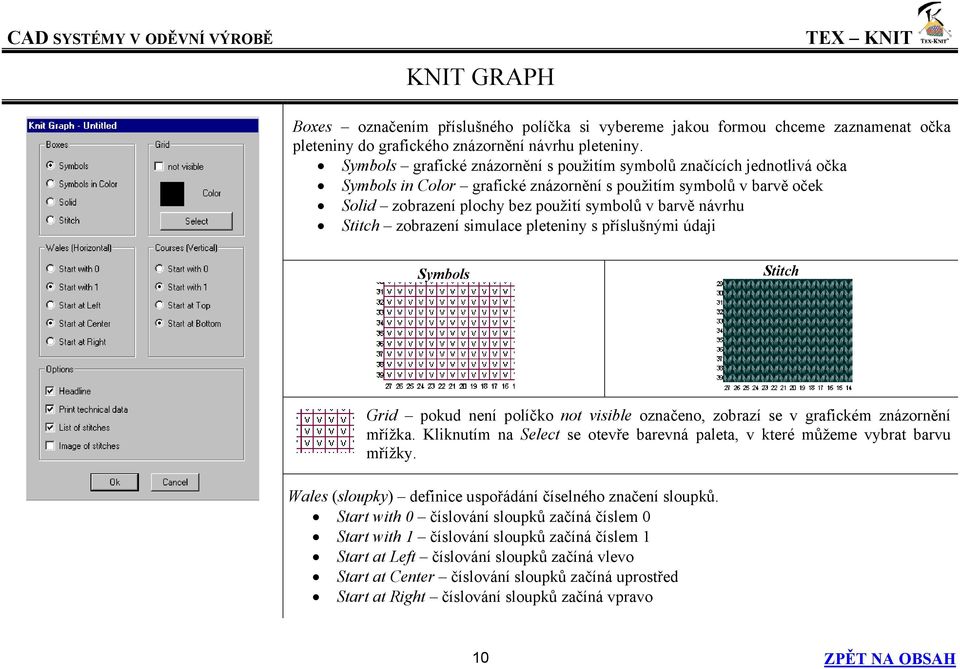 Stitch zobrazení simulace pleteniny s příslušnými údaji Symbols Stitch Grid pokud není políčko not visible označeno, zobrazí se v grafickém znázornění mřížka.