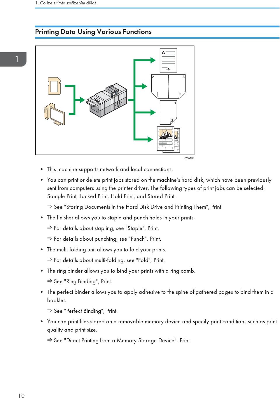 The following types of print jobs can be selected: Sample Print, Locked Print, Hold Print, and Stored Print. See "Storing Documents in the Hard Disk Drive and Printing Them", Print.