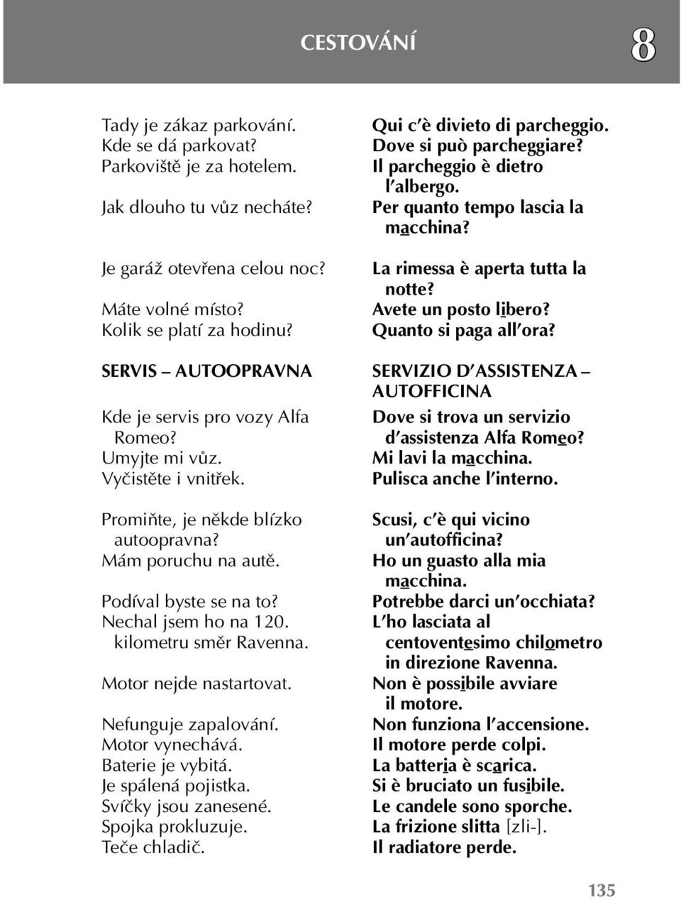 Quanto si paga all ora? SERVIS AUTOOPRAVNA SERVIZIO D ASSISTENZA AUTOFFICINA Kde je servis pro vozy Alfa Romeo? Dove si trova un servizio d assistenza Alfa Romeo? Umyjte mi vůz. Mi lavi la macchina.