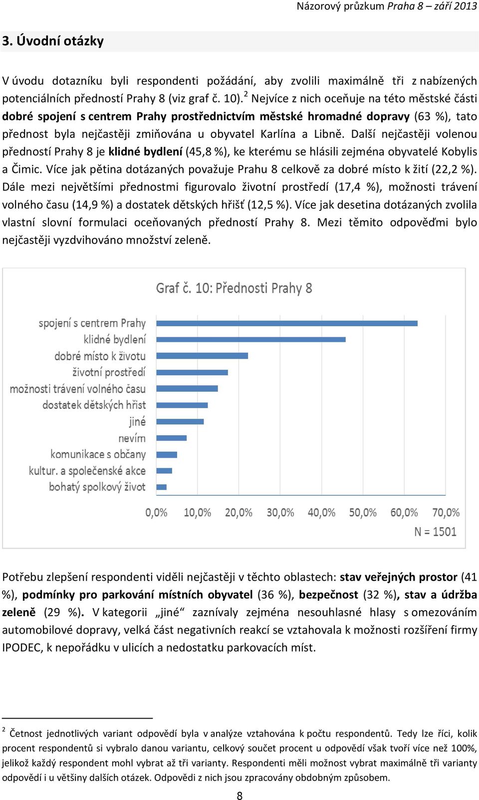 Další nejčastěji volenou předností Prahy 8 je klidné bydlení (45,8 %), ke kterému se hlásili zejména obyvatelé Kobylis a Čimic.