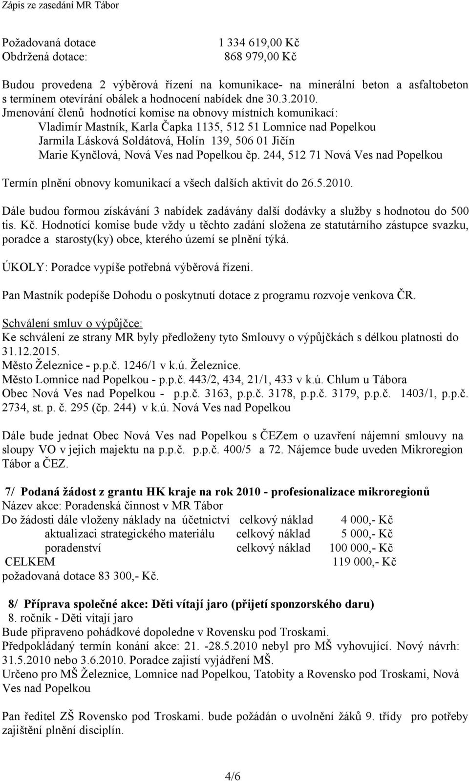 Jmenování členů hodnotící komise na obnovy místních komunikací: Vladimír Mastník, Karla Čapka 1135, 512 51 Lomnice nad Popelkou Jarmila Lásková Soldátová, Holín 139, 506 01 Jičín Marie Kynčlová, Nová