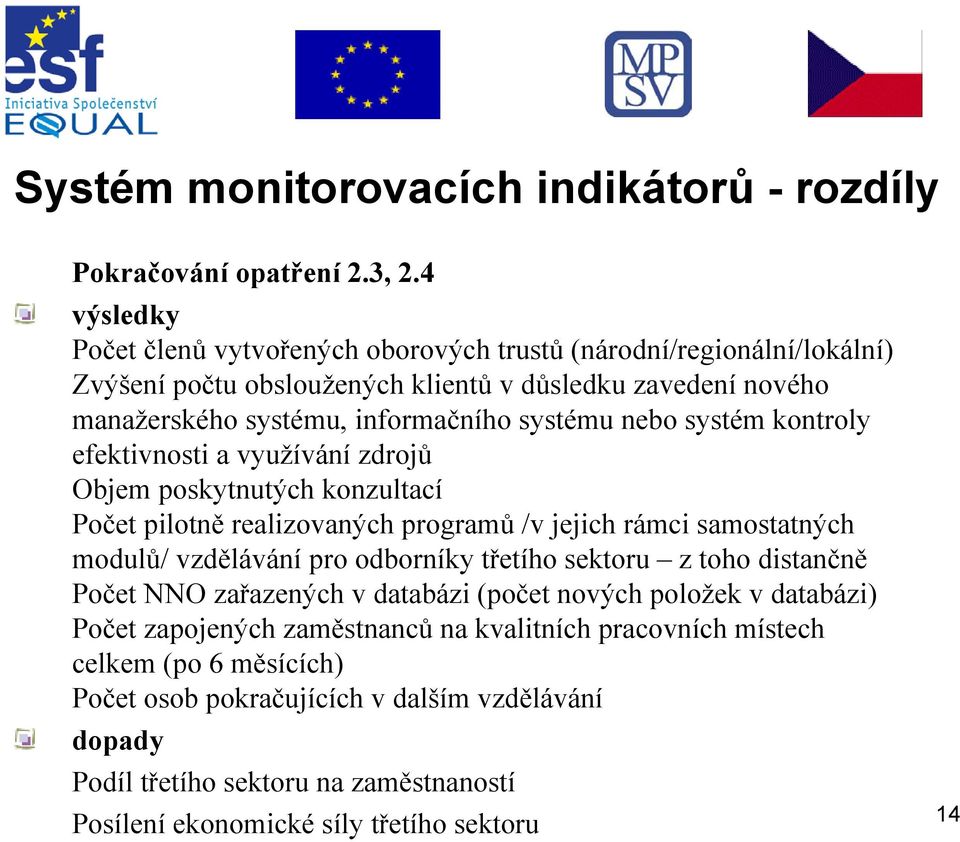 systému nebo systém kontroly efektivnosti a využívání zdrojů Objem poskytnutých konzultací Počet pilotně realizovaných programů /v jejich rámci samostatných modulů/ vzdělávání