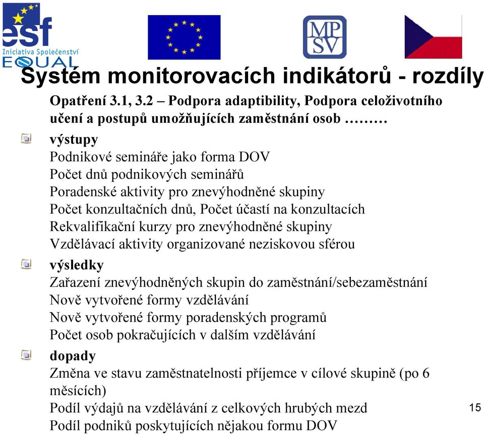 pro znevýhodněné skupiny Počet konzultačních dnů, Počet účastí na konzultacích Rekvalifikační kurzy pro znevýhodněné skupiny Vzdělávací aktivity organizované neziskovou sférou výsledky