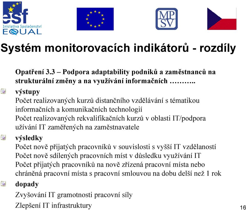 IT/podpora užívání IT zaměřených na zaměstnavatele výsledky Počet nově přijatých pracovníků v souvislosti s vyšší IT vzdělaností Počet nově sdílených pracovních míst