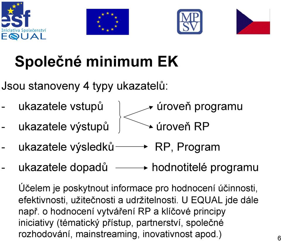 hodnocení účinnosti, efektivnosti, užitečnosti a udržitelnosti. U EQUAL jde dále např.