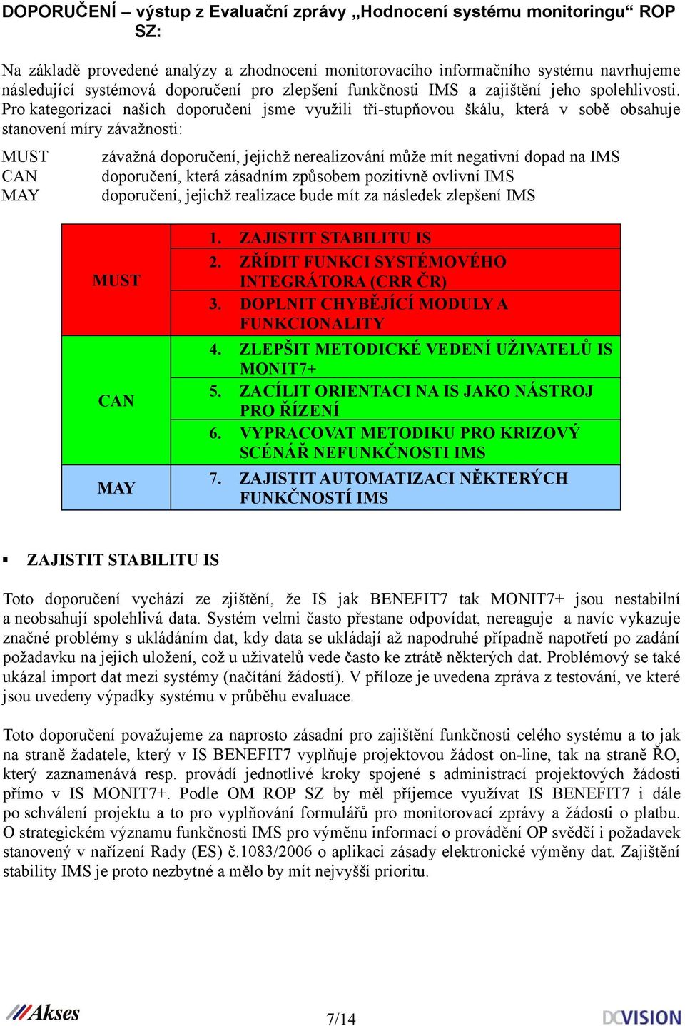 Pro kategorizaci našich doporučení jsme využili tří-stupňovou škálu, která v sobě obsahuje stanovení míry závažnosti: MUST CAN MAY závažná doporučení, jejichž nerealizování může mít negativní dopad