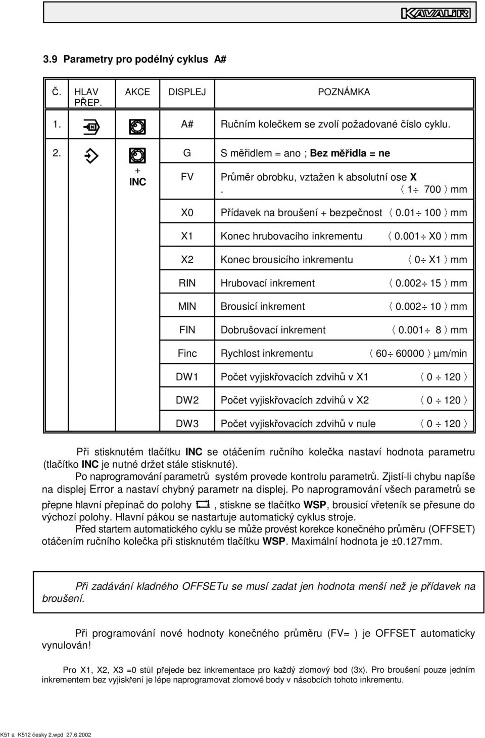 001 X0 mm X2 Konec brousicího inkrementu 0 X1 mm RIN Hrubovací inkrement 0.002 15 mm MIN Brousicí inkrement 0.002 10 mm FIN Dobrušovací inkrement 0.