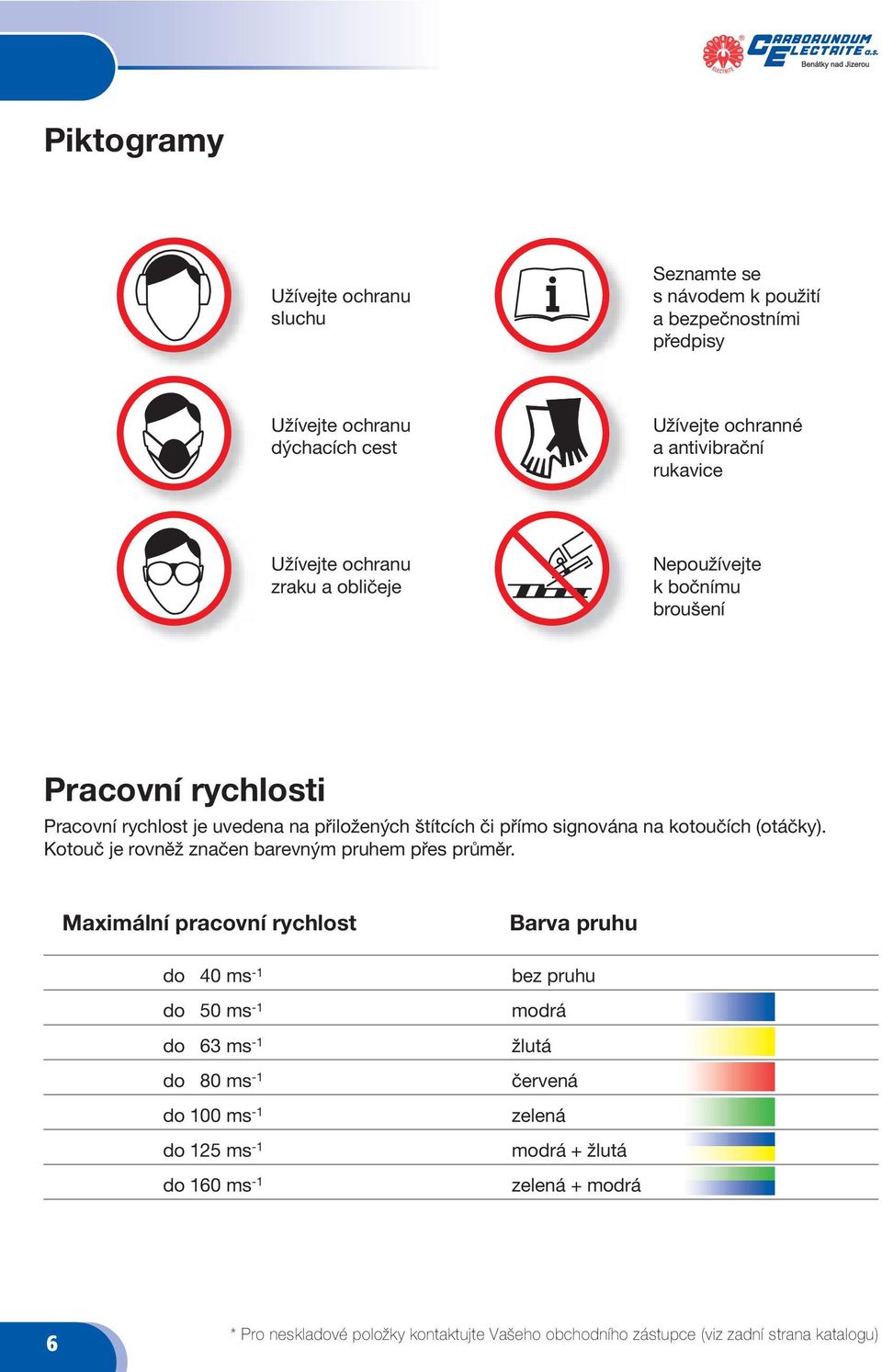 přiložených štítcích či přímo signována na kotoučích (otáčky). Kotouč je rovněž značen barevným pruhem přes průměr.