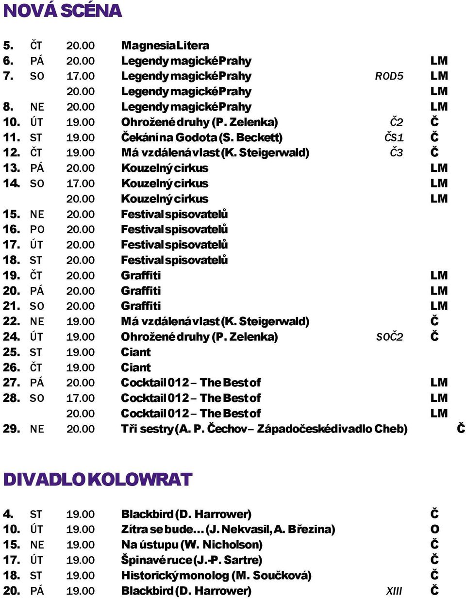 00 Kouzelný cirkus LM 20.00 Kouzelný cirkus LM 15. NE 20.00 Festival spisovatelů 16. PO 20.00 Festival spisovatelů 17. ÚT 20.00 Festival spisovatelů 18. ST 20.00 Festival spisovatelů 19. ČT 20.