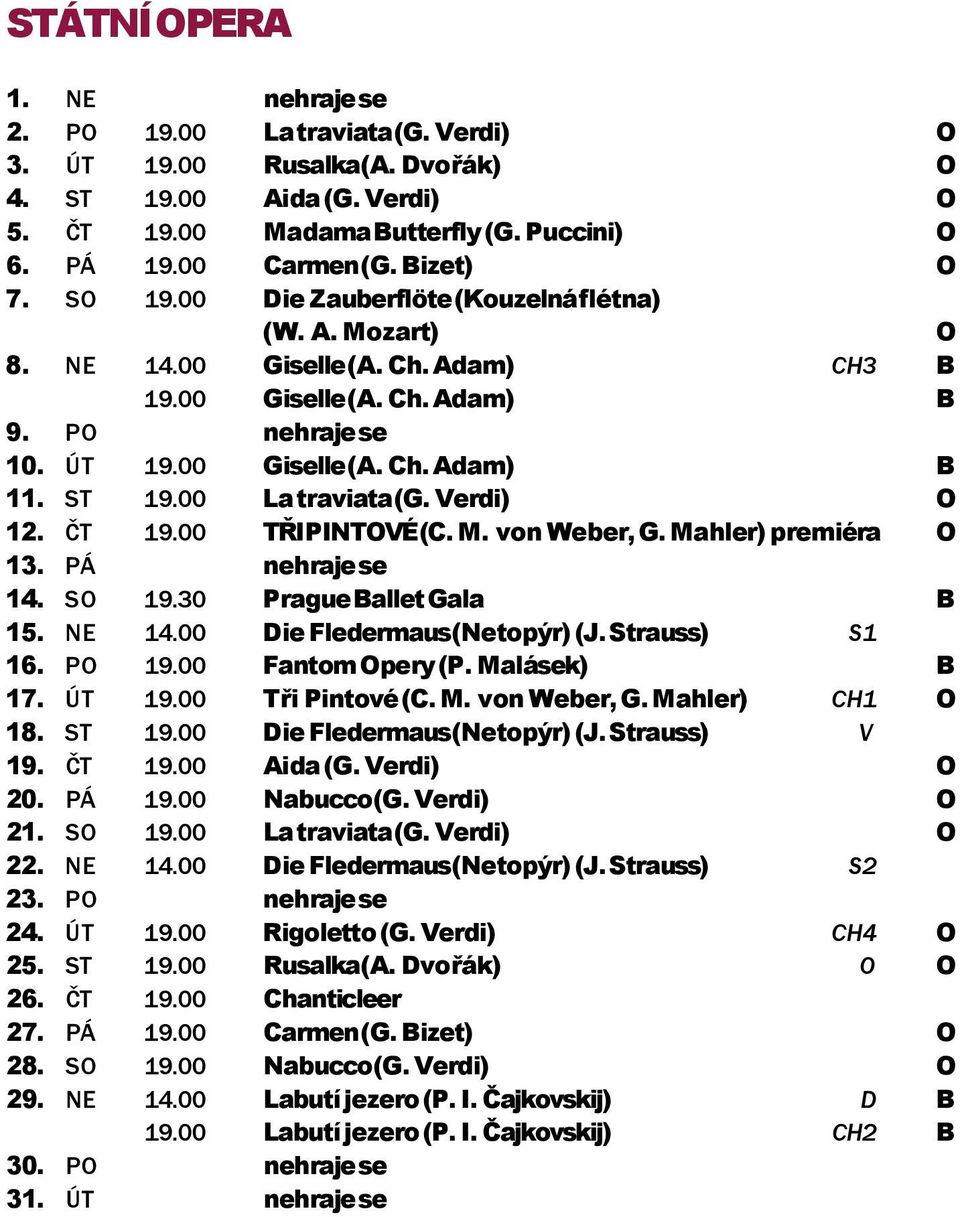 ST 19.00 La traviata (G. Verdi) O 12. ČT 19.00 TŘI PINTOVÉ (C. M. von Weber, G. Mahler) premiéra O 13. PÁ nehraje se 14. SO 19.30 Prague Ballet Gala B 15. NE 14.00 Die Fledermaus (Netopýr) (J.