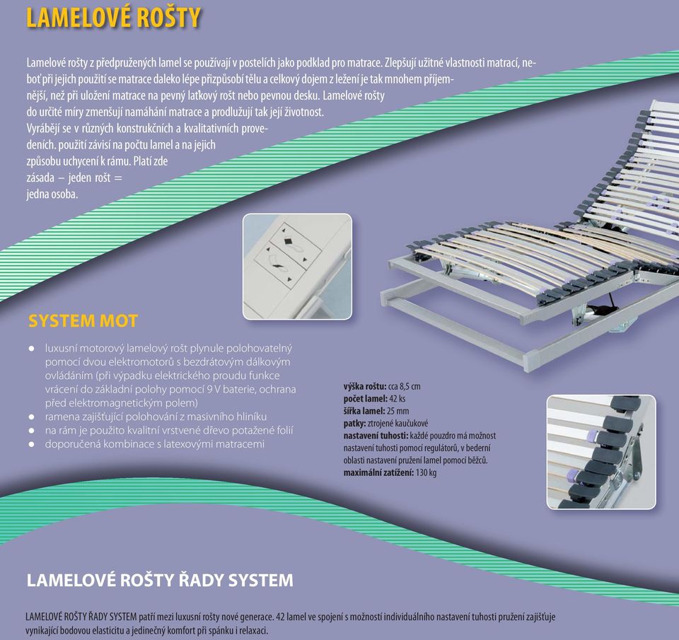 nebo pevnou desku. Lamelové rošty do určité míry zmenšují namáhání matrace a prodlužují tak její životnost. Vyrábějí se v různých konstrukčních a kvalitativních provedeních.