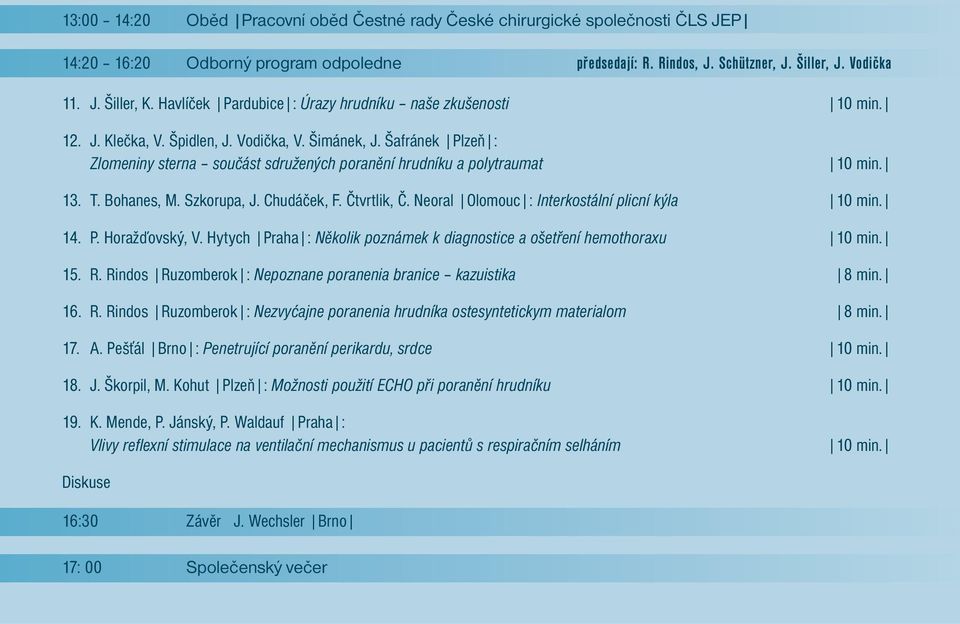 Šafránek Plzeň : Zlomeniny sterna součást sdružených poranění hrudníku a polytraumat 10 min. 13. T. Bohanes, M. Szkorupa, J. Chudáček, F. Čtvrtlik, Č.