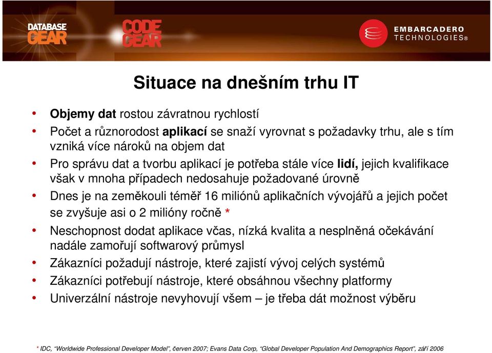 2 milióny ročně * Neschopnost dodat aplikace včas, nízká kvalita a nesplněná očekávání nadále zamořují softwarový průmysl Zákazníci požadují nástroje, které zajistí vývoj celých systémů Zákazníci