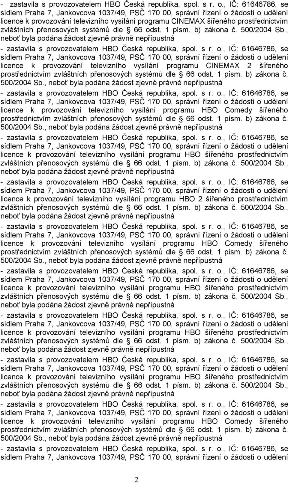 , licence k provozování televizního vysílání programu HBO Comedy šířeného prostřednictvím zvláštních přenosových , licence k provozování televizního vysílání programu HBO šířeného prostřednictvím