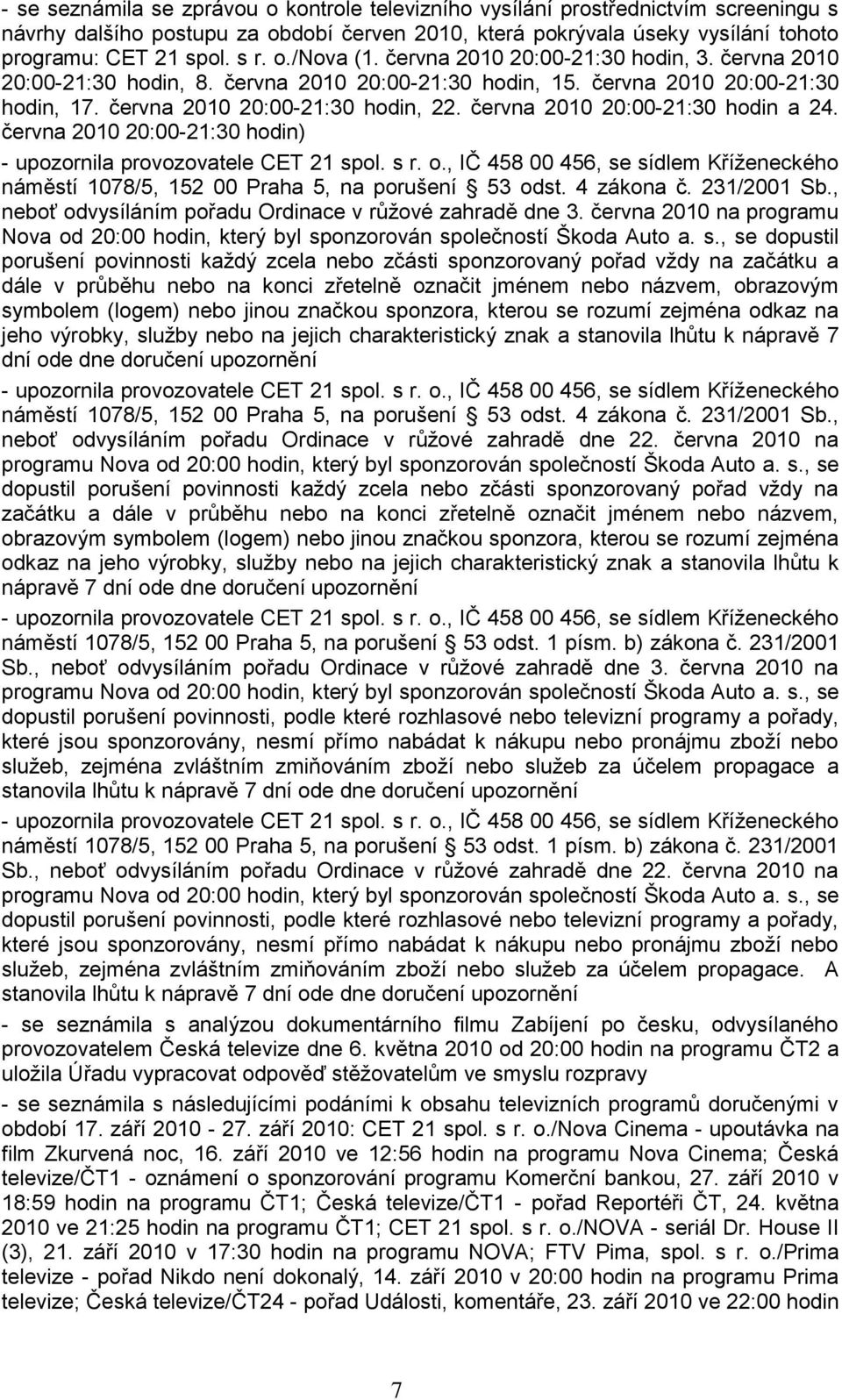 června 2010 20:00-21:30 hodin a 24. června 2010 20:00-21:30 hodin) - upozornila provozovatele CET 21 spol. s r. o.
