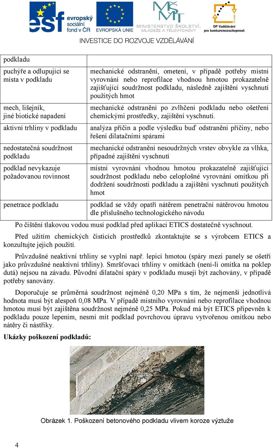 mechanické odstranění po zvlhčení podkladu nebo ošetření chemickými prostředky, zajištění vyschnutí.