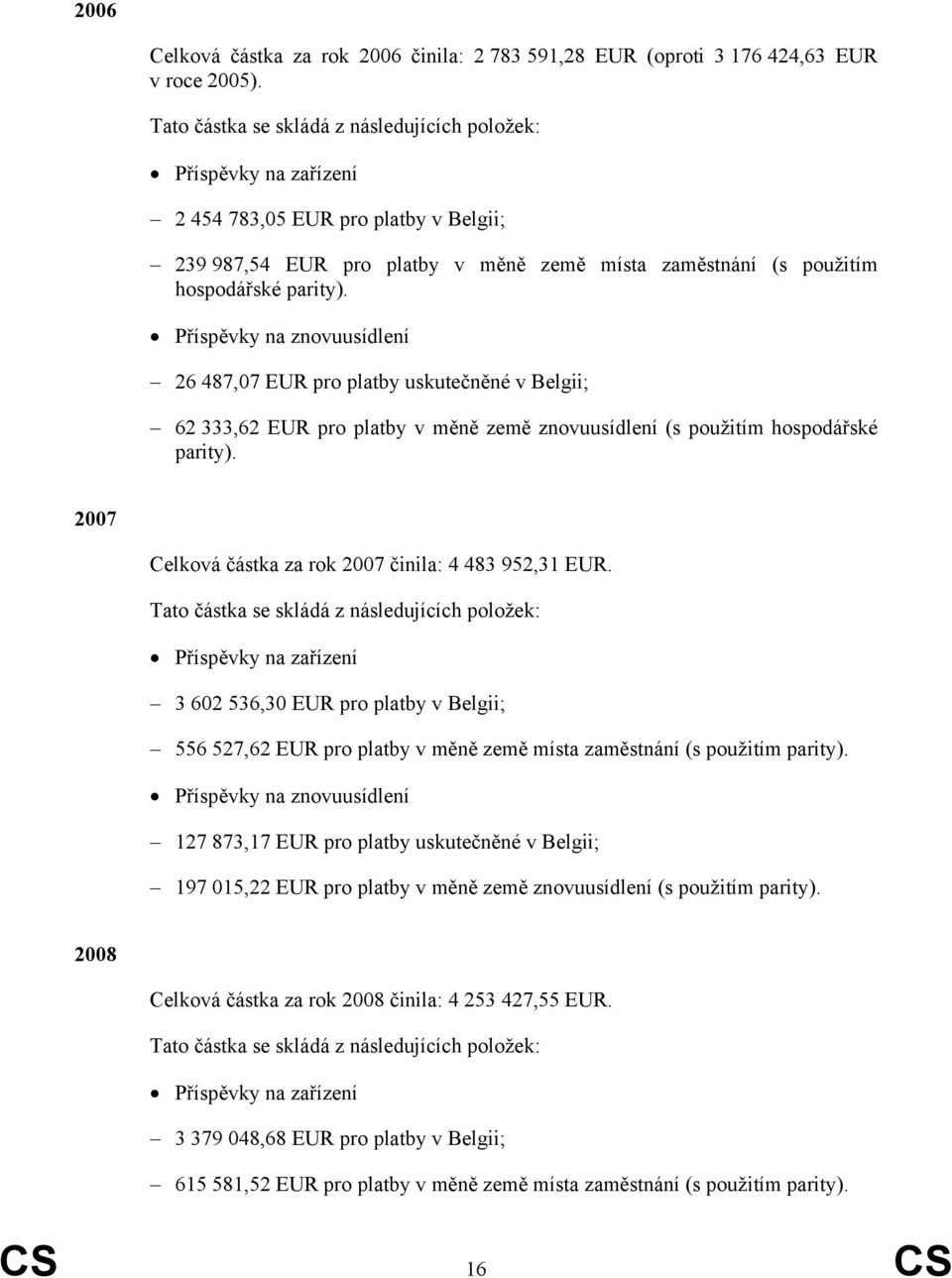 Příspěvky na znovuusídlení 26 487,07 EUR pro platby uskutečněné v Belgii; 62 333,62 EUR pro platby v měně země znovuusídlení (s použitím hospodářské parity).