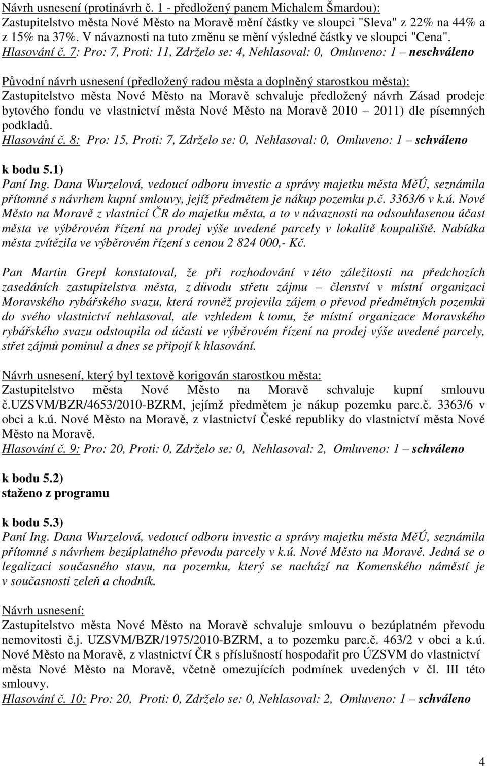 7: Pro: 7, Proti: 11, Zdrželo se: 4, Nehlasoval: 0, Omluveno: 1 neschváleno Původní návrh usnesení (předložený radou města a doplněný starostkou města): Zastupitelstvo města Nové Město na Moravě