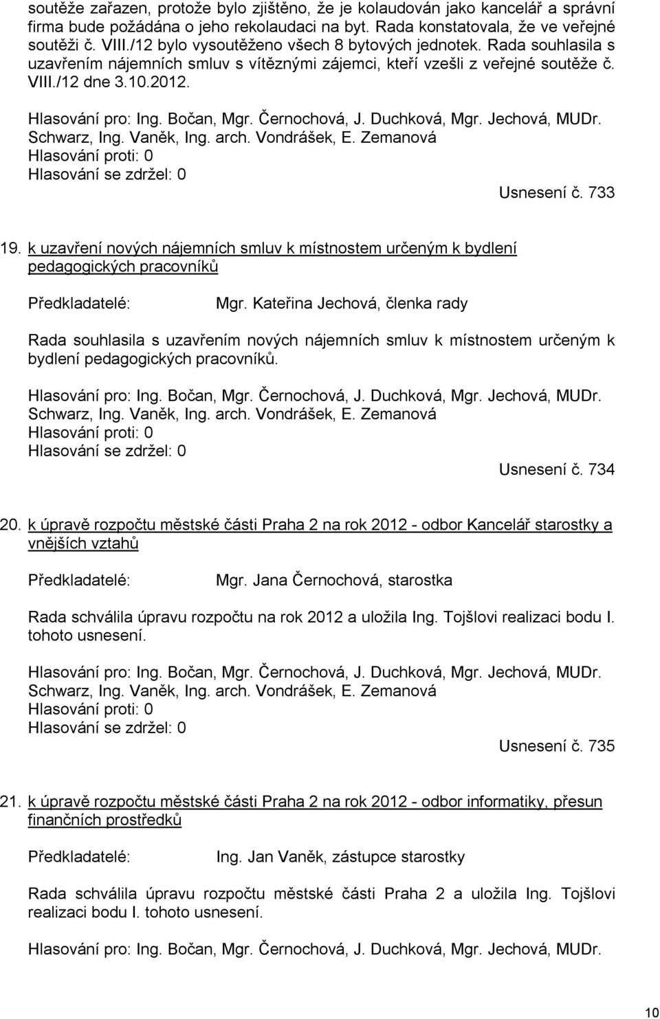 Bočan, Mgr. Černochová, J. Duchková, Mgr. Jechová, MUDr. Schwarz, Ing. Vaněk, Ing. arch. Vondrášek, E. Zemanová Hlasování proti: 0 Hlasování se zdržel: 0 Usnesení č. 733 19.