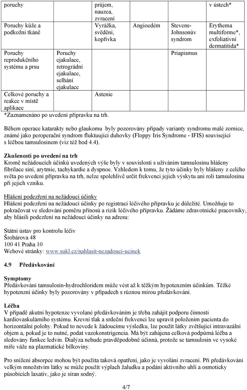 Angioedém Stevens- Johnsonův syndrom Priapismus v ústech* Erythema multiforme*, exfoliativní dermatitida* Během operace katarakty nebo glaukomu byly pozorovány případy varianty syndromu malé zornice,