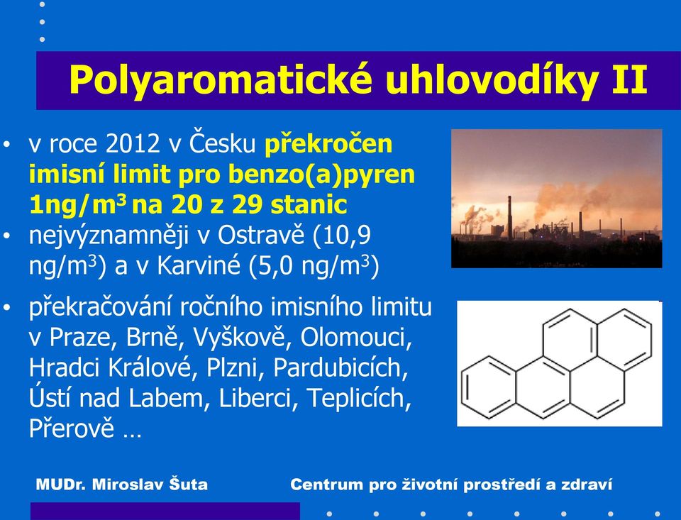 Karviné (5,0 ng/m 3 ) překračování ročního imisního limitu v Praze, Brně, Vyškově,