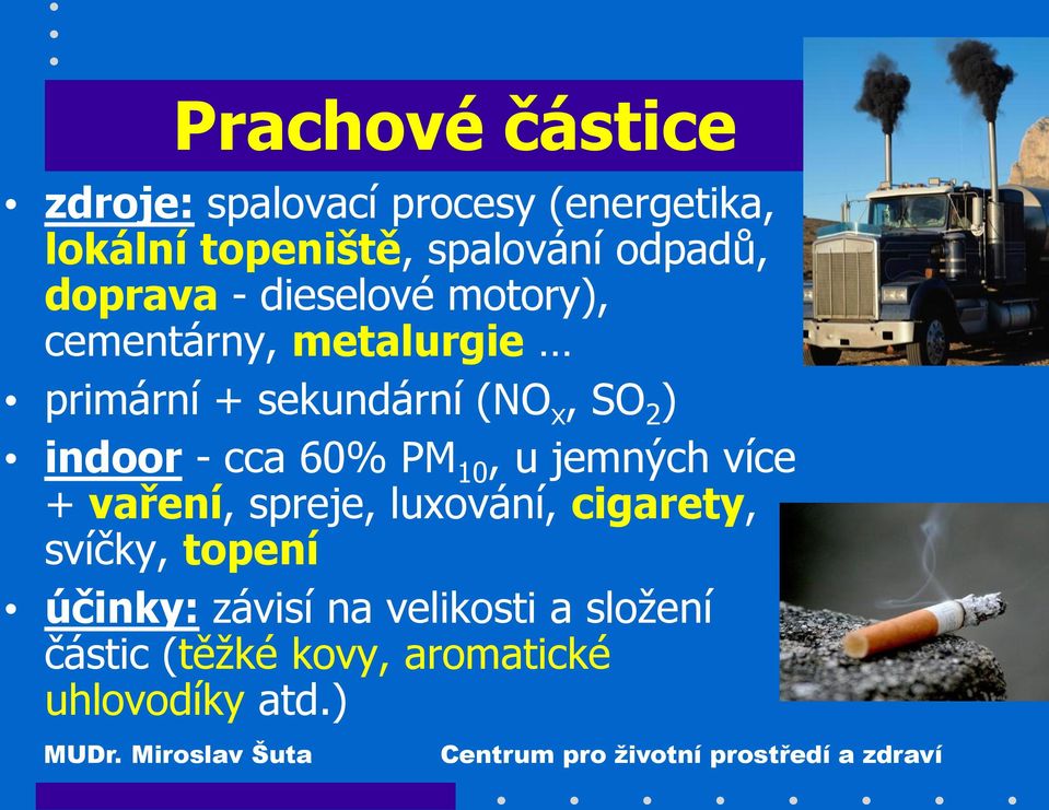 SO 2 ) indoor - cca 60% PM 10, u jemných více + vaření, spreje, luxování, cigarety,