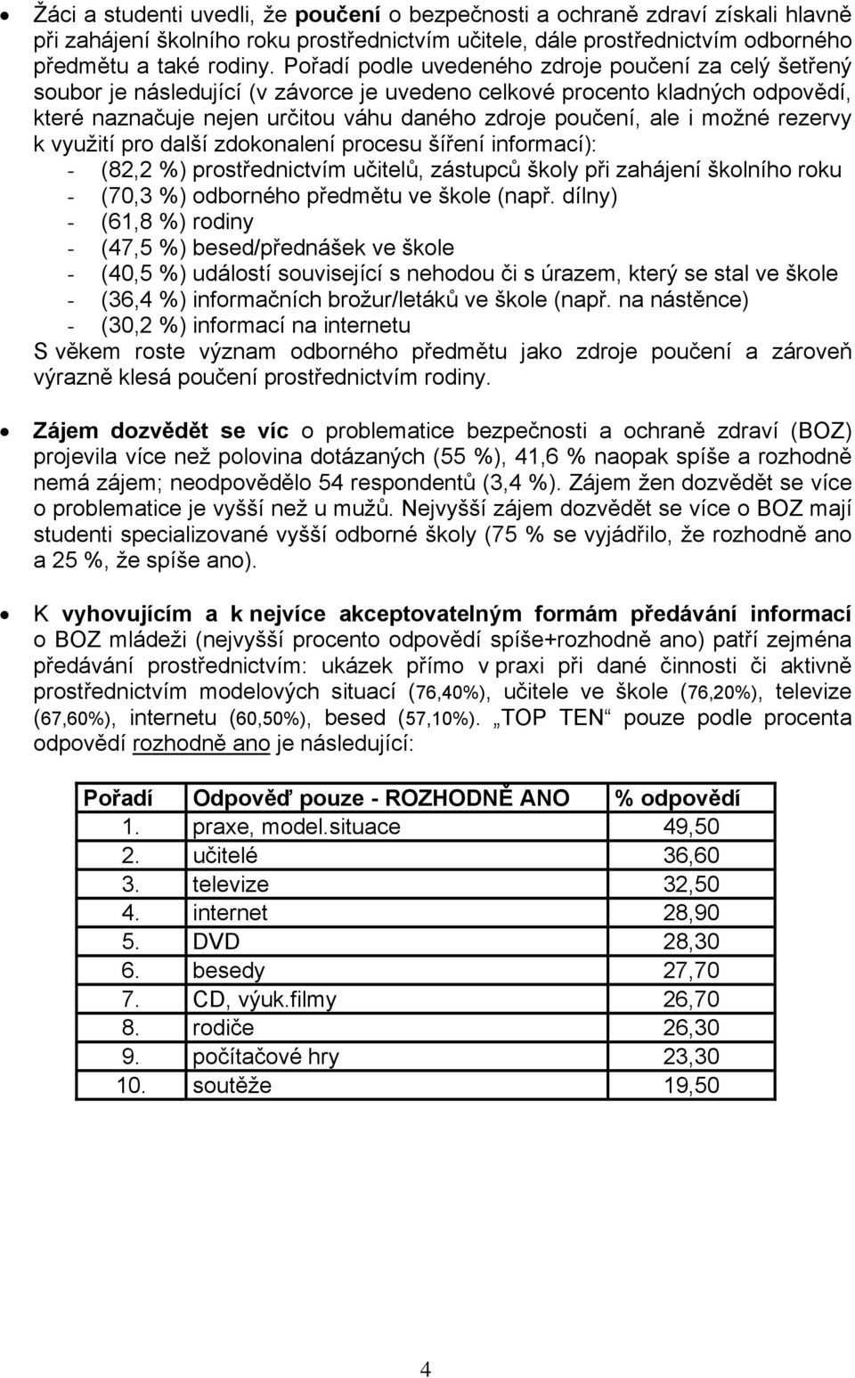 možné rezervy k využití pro další zdokonalení procesu šíření informací): - (82,2 %) prostřednictvím učitelů, zástupců školy při zahájení školního roku - (70,3 %) odborného předmětu ve škole (např.