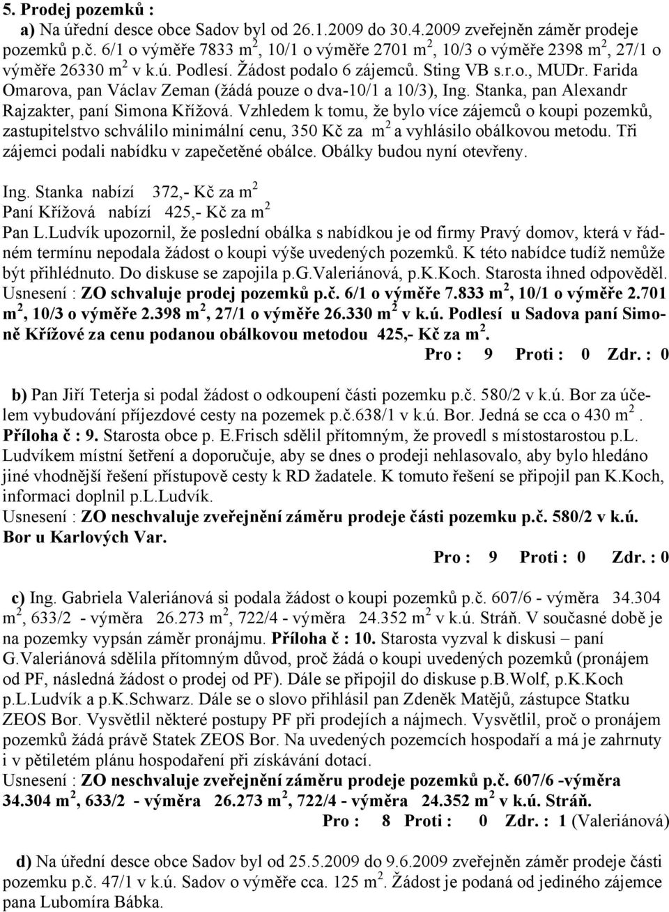 Farida Omarova, pan Václav Zeman (žádá pouze o dva-10/1 a 10/3), Ing. Stanka, pan Alexandr Rajzakter, paní Simona Křížová.