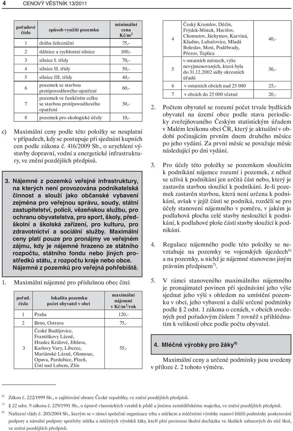 třídy 40,- 6 pozemek se stavbou protipovodňového opatření 60,- 7 pozemek ve funkčním celku se stavbou protipovodňového 30,- opatření 8 pozemek pro ekologické účely 10,- c) Maximální ceny podle této