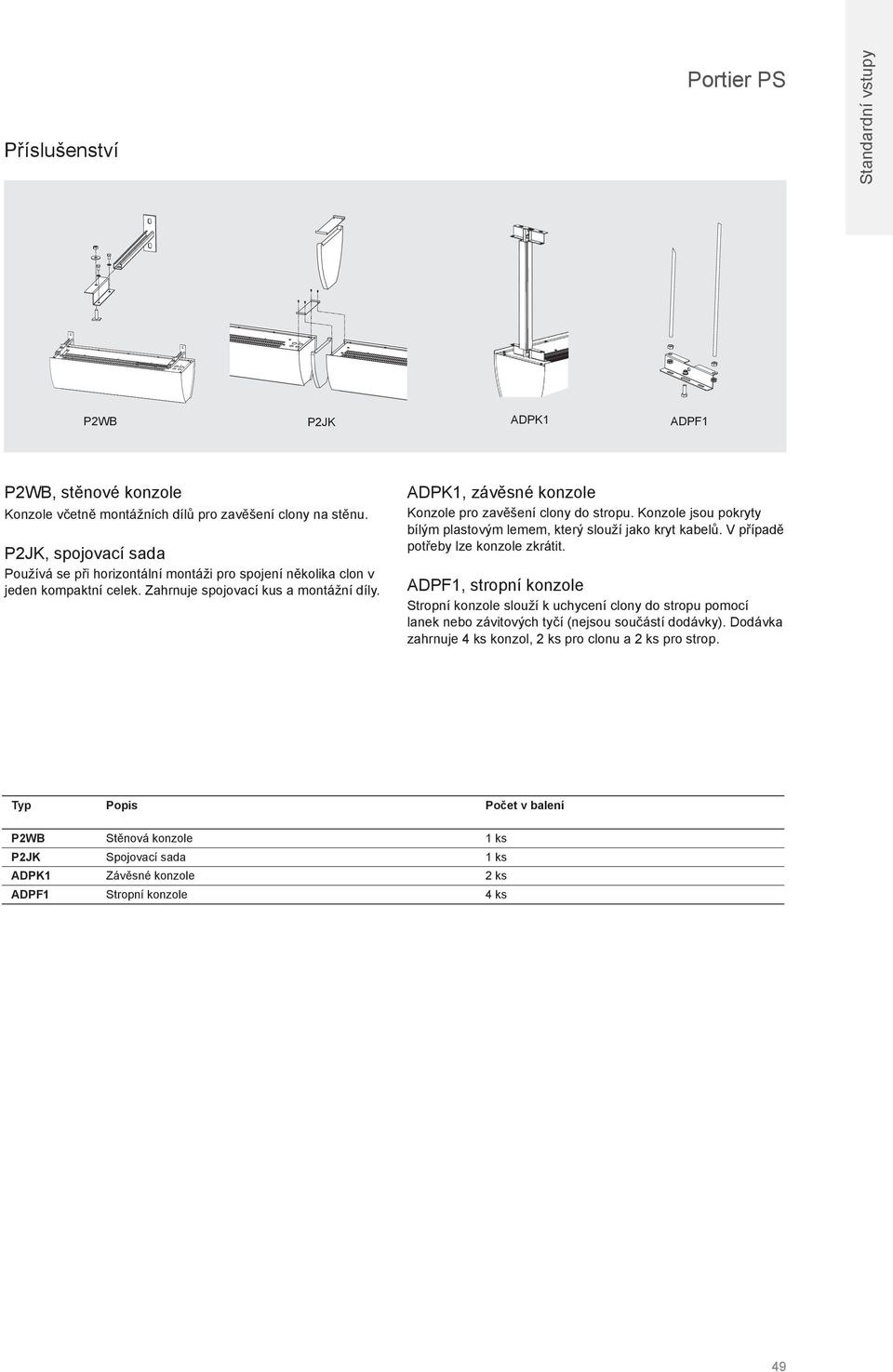 ADPK1, závěsné konzole Konzole pro zavěšení clony do stropu. Konzole jsou pokryty bílým plastovým lemem, který slouží jako kryt kabelů. V případě potřeby lze konzole zkrátit.