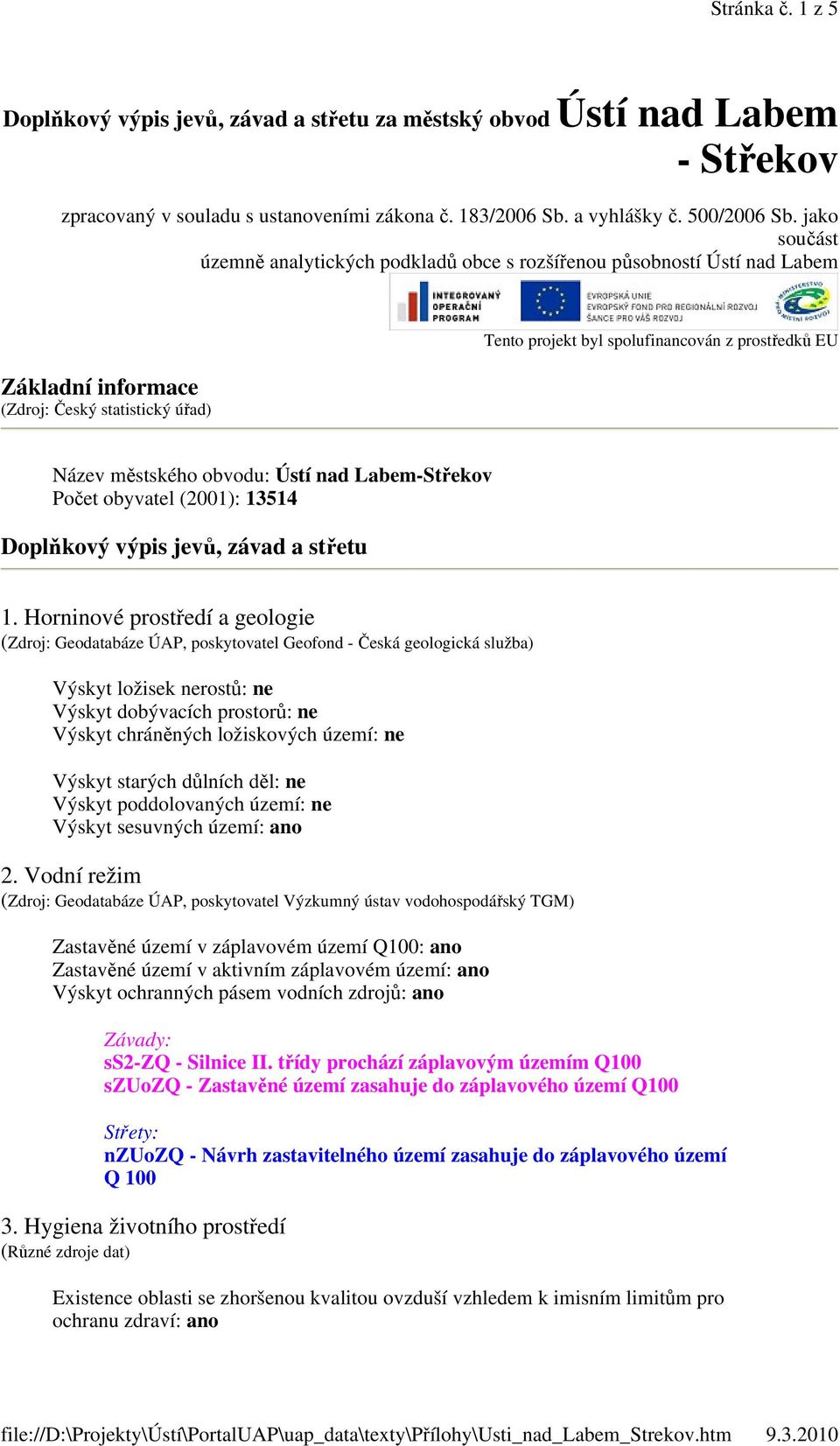 městského obvodu: Ústí nad Labem-Střekov Počet obyvatel (2001): 13514 Doplňkový výpis jevů, závad a střetu 1.