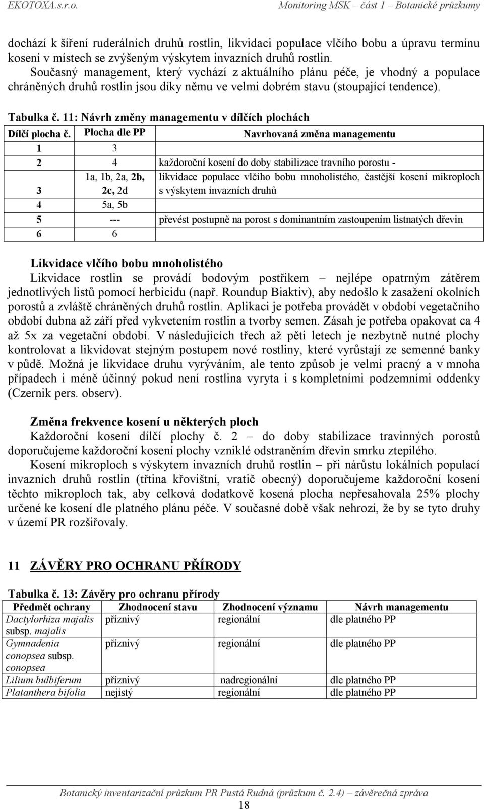 11: Návrh změny managementu v dílčích plochách Dílčí plocha č.