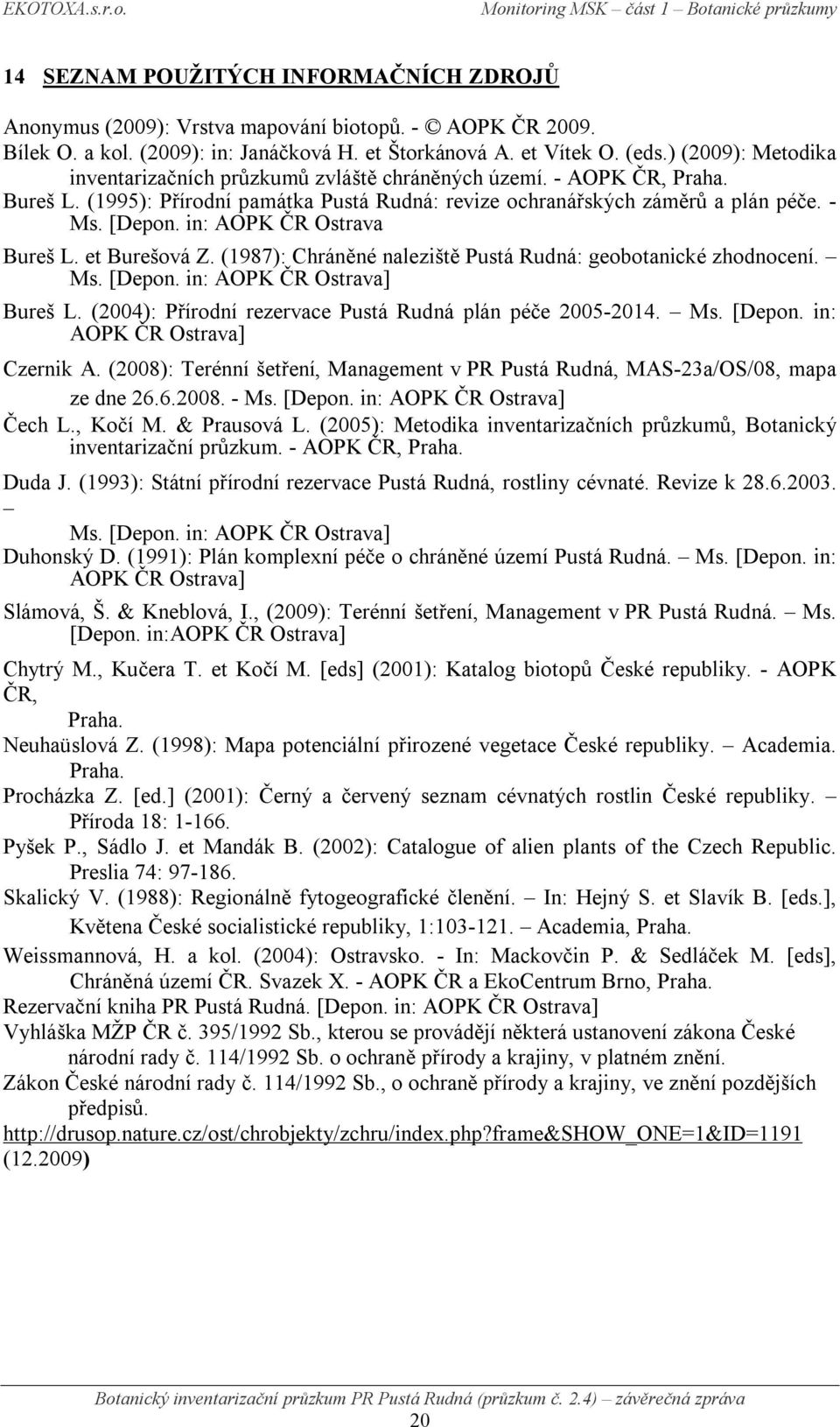 in: AOPK ČR Ostrava Bureš L. et Burešová Z. (1987): Chráněné naleziště Pustá Rudná: geobotanické zhodnocení. Ms. [Depon. in: AOPK ČR Ostrava] Bureš L.