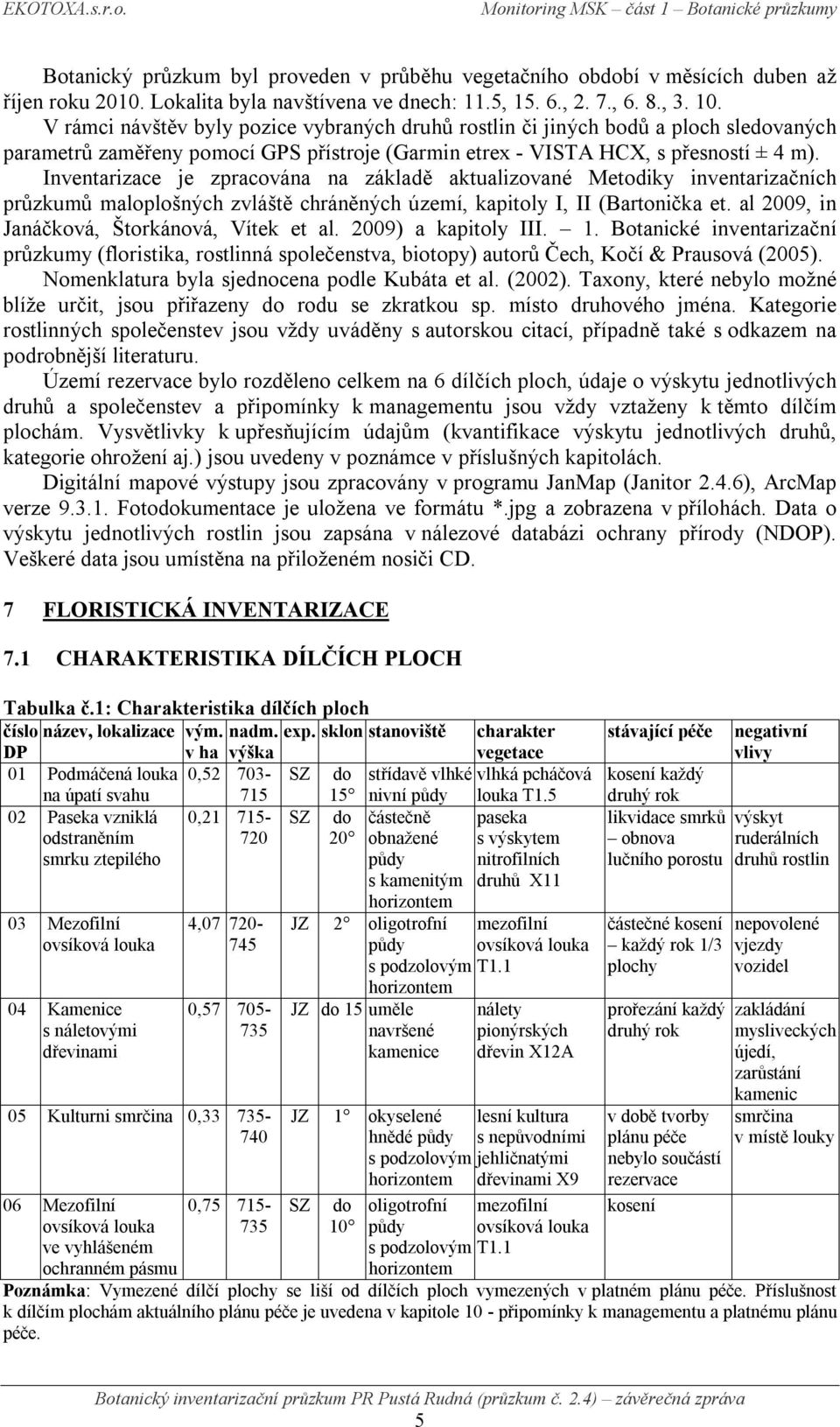 Inventarizace je zpracována na základě aktualizované Metodiky inventarizačních průzkumů maloplošných zvláště chráněných území, kapitoly I, II (Bartonička et.