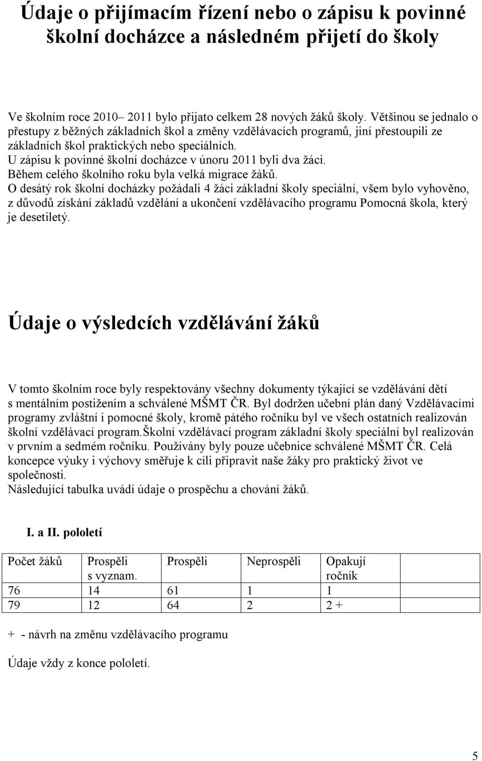 U zápisu k povinné školní docházce v únoru 2011 byli dva žáci. Během celého školního roku byla velká migrace žáků.