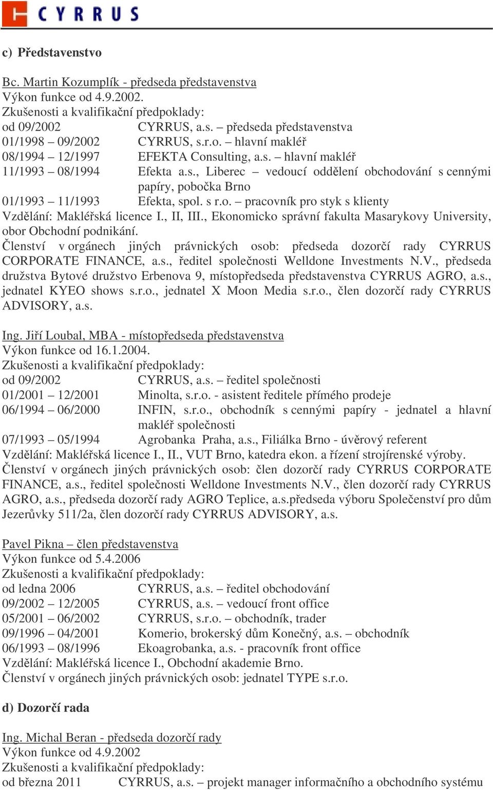 , II, III., Ekonomicko správní fakulta Masarykovy University, obor Obchodní podnikání. lenství v orgánech jiných právnických osob: pedseda dozorí rady CYRRUS CORPORATE FINANCE, a.s., editel spolenosti Welldone Investments N.