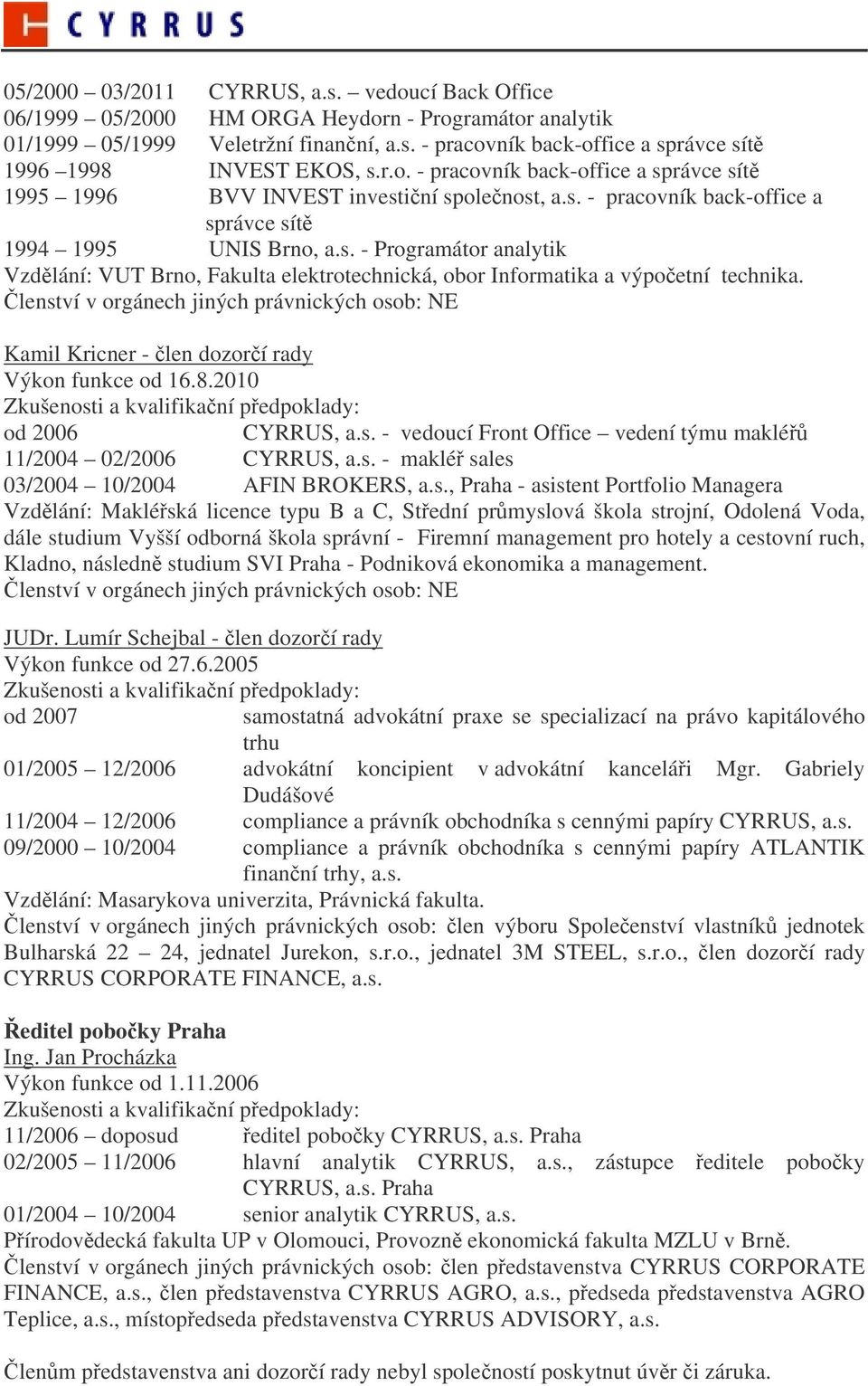 lenství v orgánech jiných právnických osob: NE Kamil Kricner - len dozorí rady Výkon funkce od 16.8.2010 od 2006 CYRRUS, a.s. - vedoucí Front Office vedení týmu maklé 11/2004 02/2006 CYRRUS, a.s. - maklé sales 03/2004 10/2004 AFIN BROKERS, a.